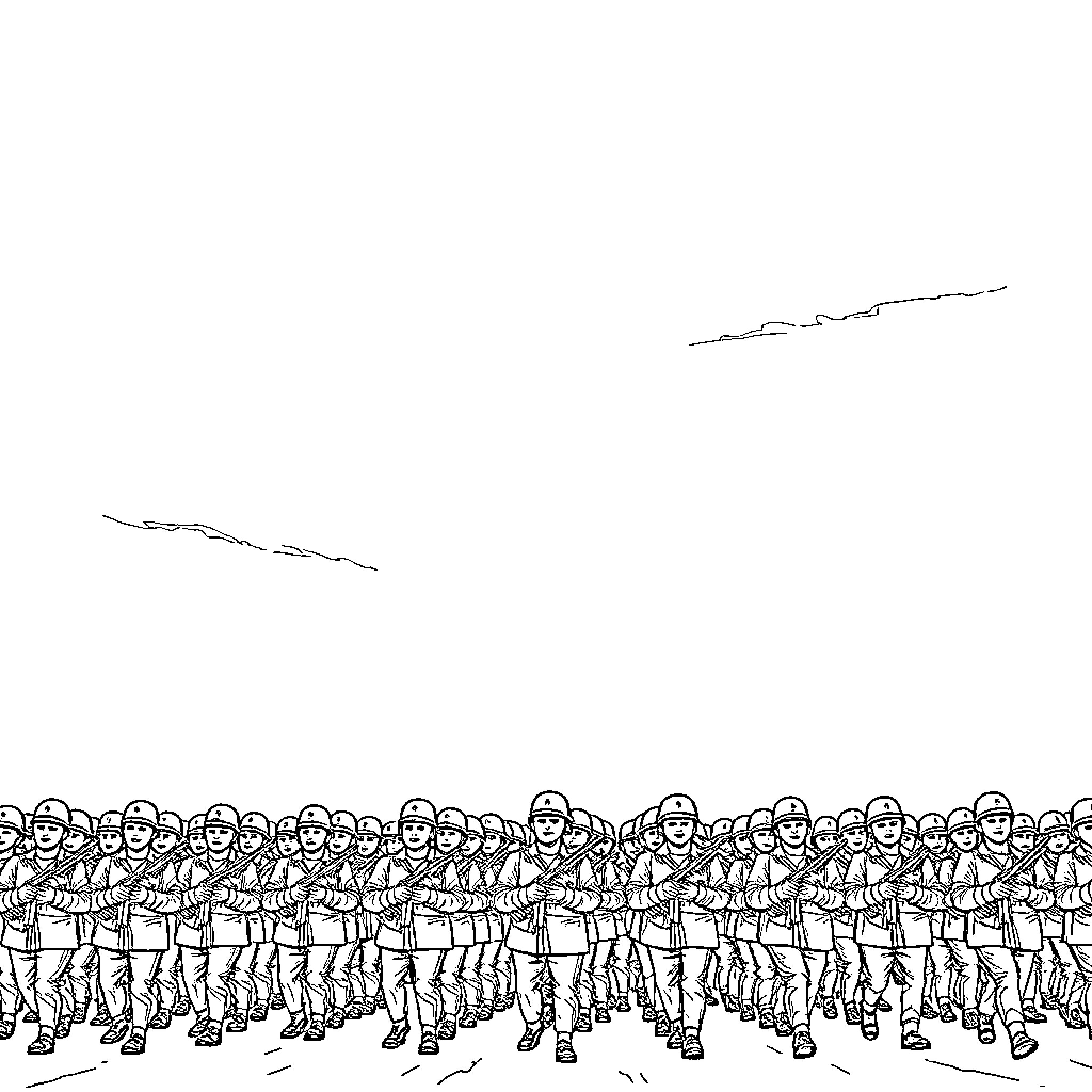 Army of Soldiers Marching in Formation Coloring Page (free black-and-white line drawing printable PDF for all, from beginners to advanced learners, including children, teens, adults, and seniors)