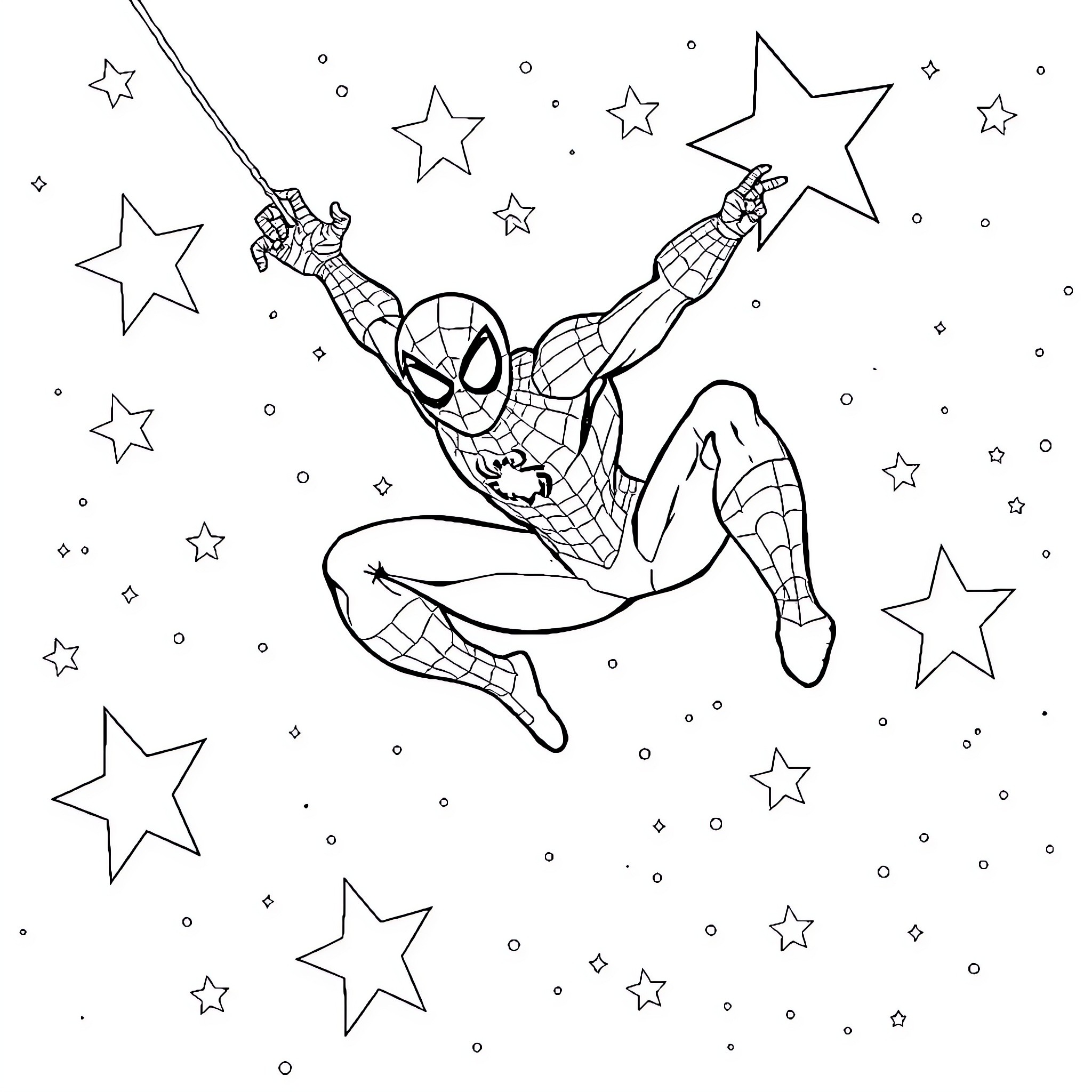 Spider-Man swinging through the stars Coloring Page (free black-and-white line drawing printable PDF for all, from beginners to advanced learners, including children, teens, adults, and seniors)