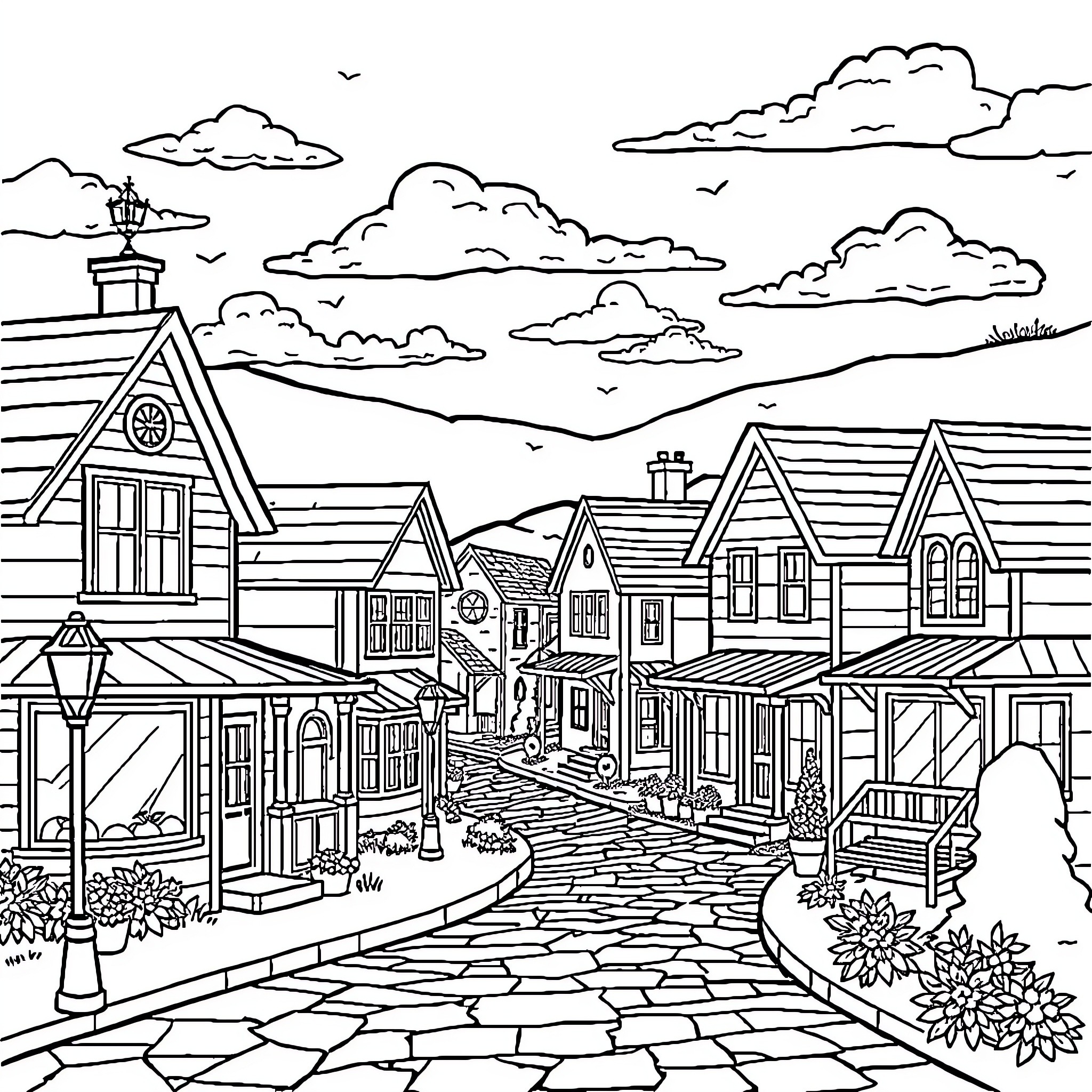 Leland's Cozy Mountain Town Coloring Page (free black-and-white line drawing printable PDF for all, from beginners to advanced learners, including children, teens, adults, and seniors)