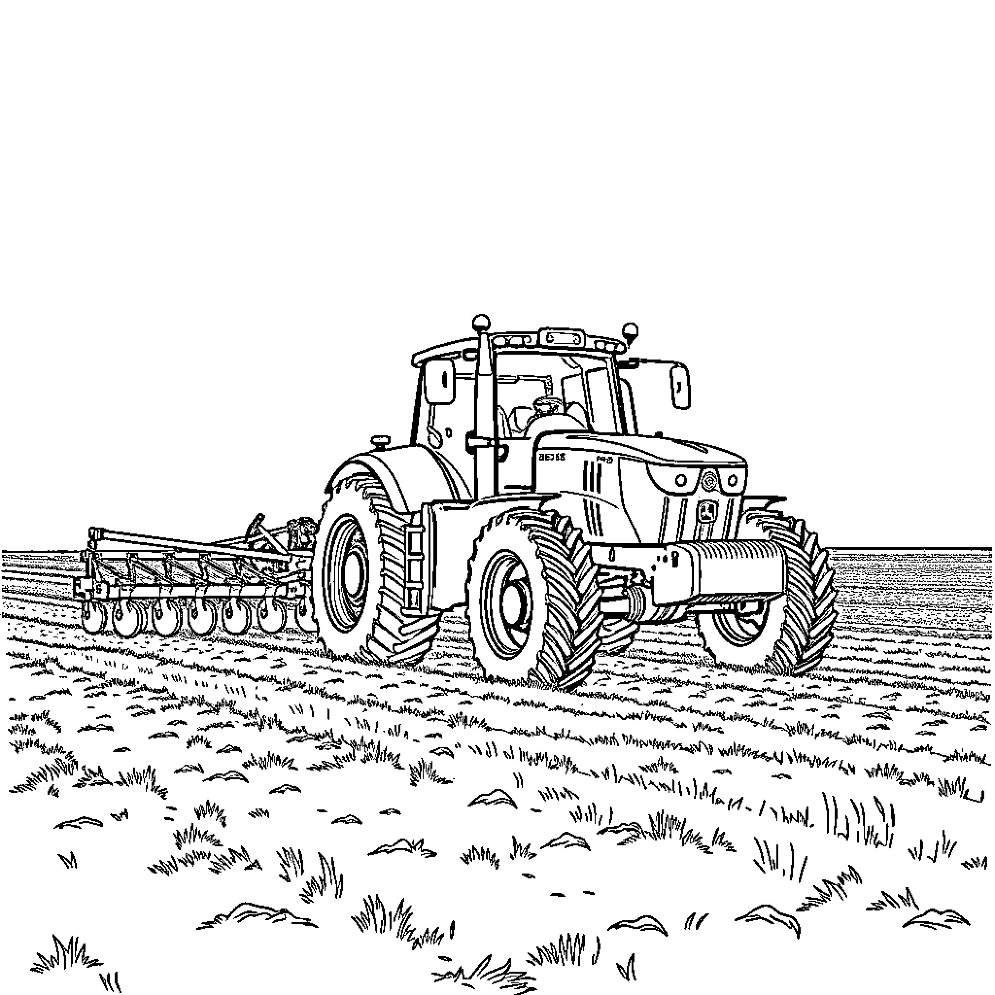 Tractor plowing through field with equipment Coloring Page (free black-and-white line drawing printable PDF for all, from beginners to advanced learners, including children, teens, adults, and seniors)