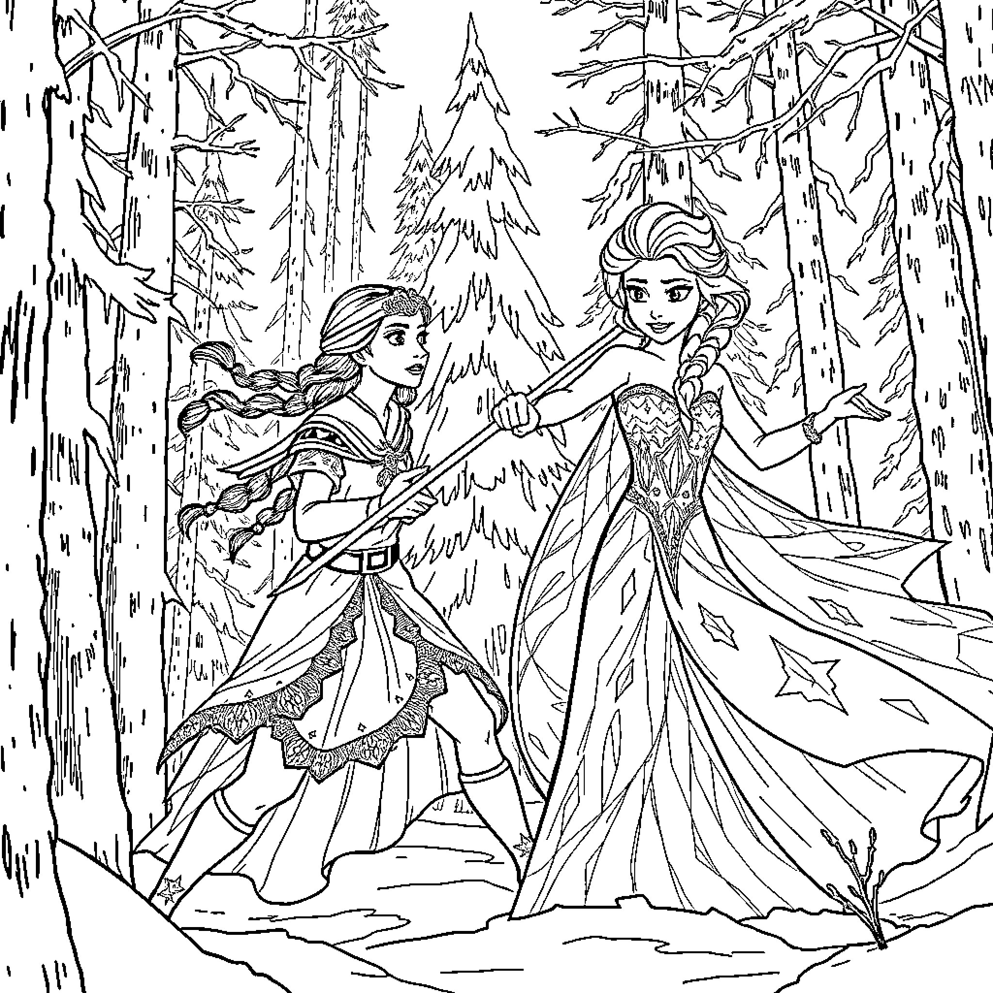 Wednesday Adams sisters in enchanted winter forest Coloring Page (free black-and-white line drawing printable PDF for all, from beginners to advanced learners, including children, teens, adults, and seniors)