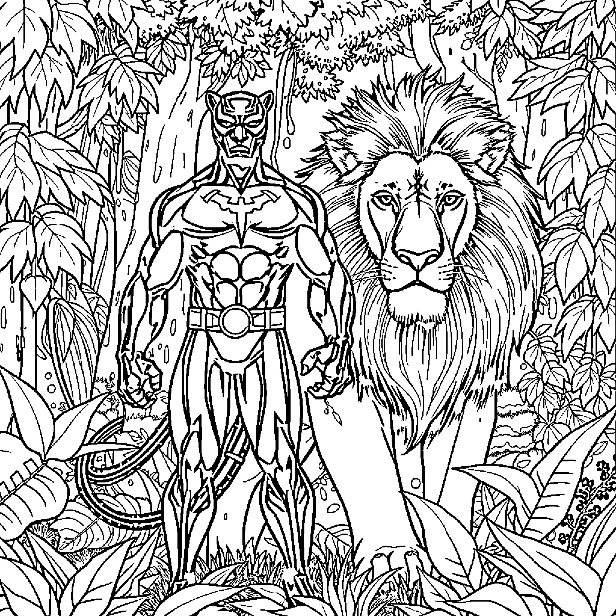 Panther warrior encounters mighty jungle lion Coloring Page (free black-and-white line drawing printable PDF for all, from beginners to advanced learners, including children, teens, adults, and seniors)