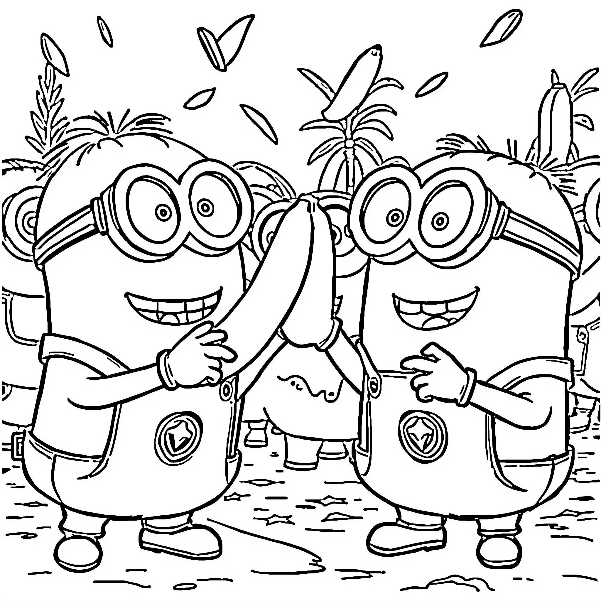 Minions having fun in a tropical setting Coloring Page (free black-and-white line drawing printable PDF for all, from beginners to advanced learners, including children, teens, adults, and seniors)