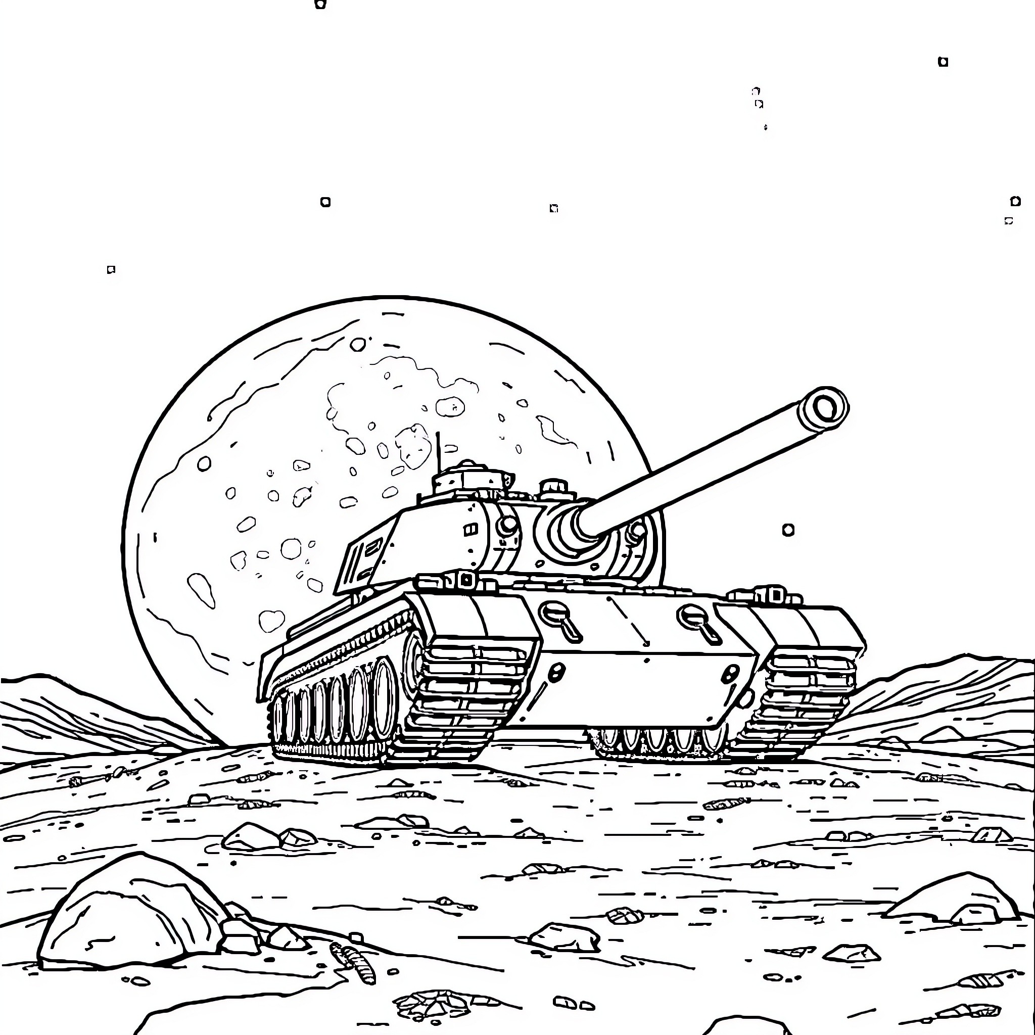 Tank rolling through a desolate lunar landscape Coloring Page (free black-and-white line drawing printable PDF for all, from beginners to advanced learners, including children, teens, adults, and seniors)