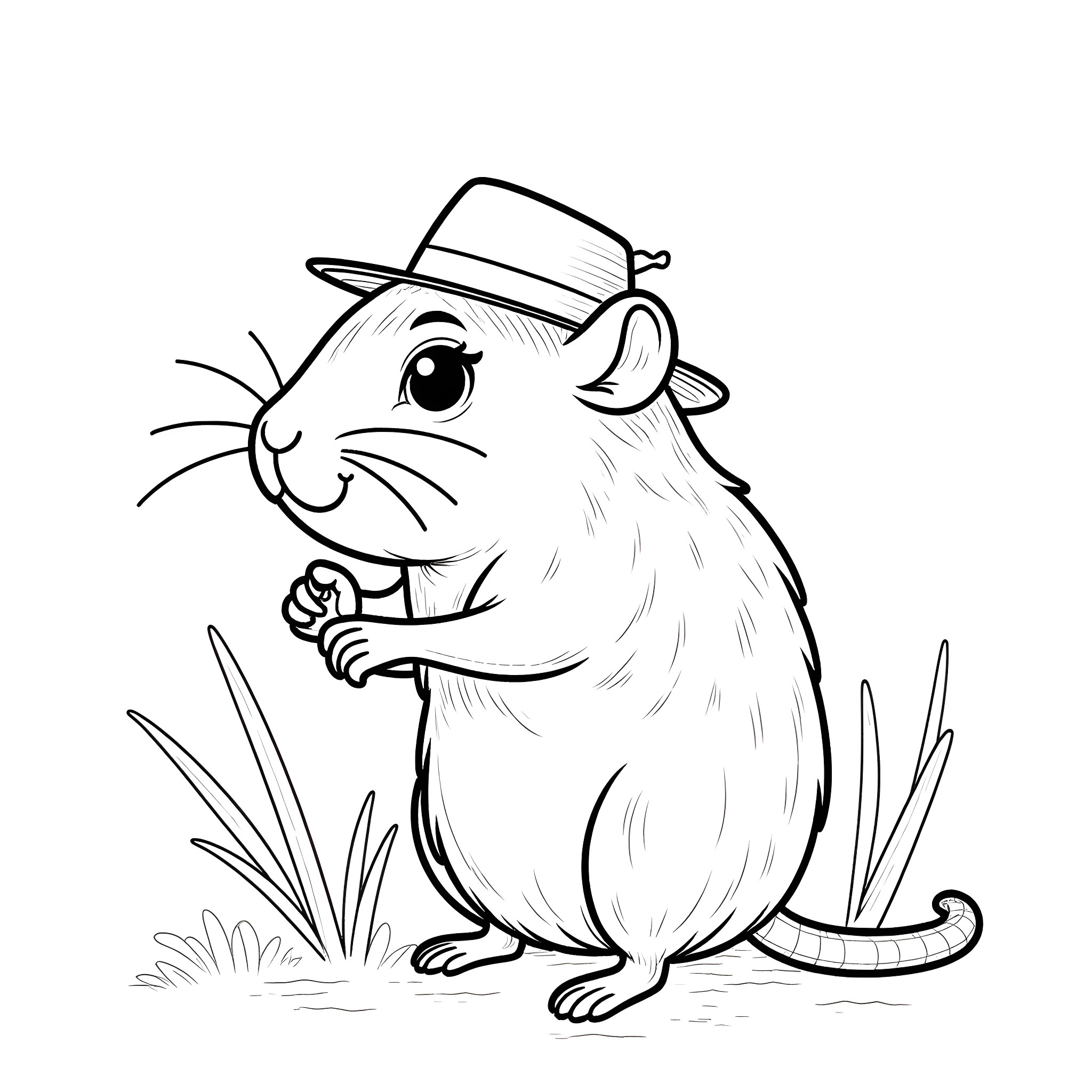 Hamster wearing a hat and exploring outdoors Coloring Page (free black-and-white line drawing printable PDF for all, from beginners to advanced learners, including children, teens, adults, and seniors)