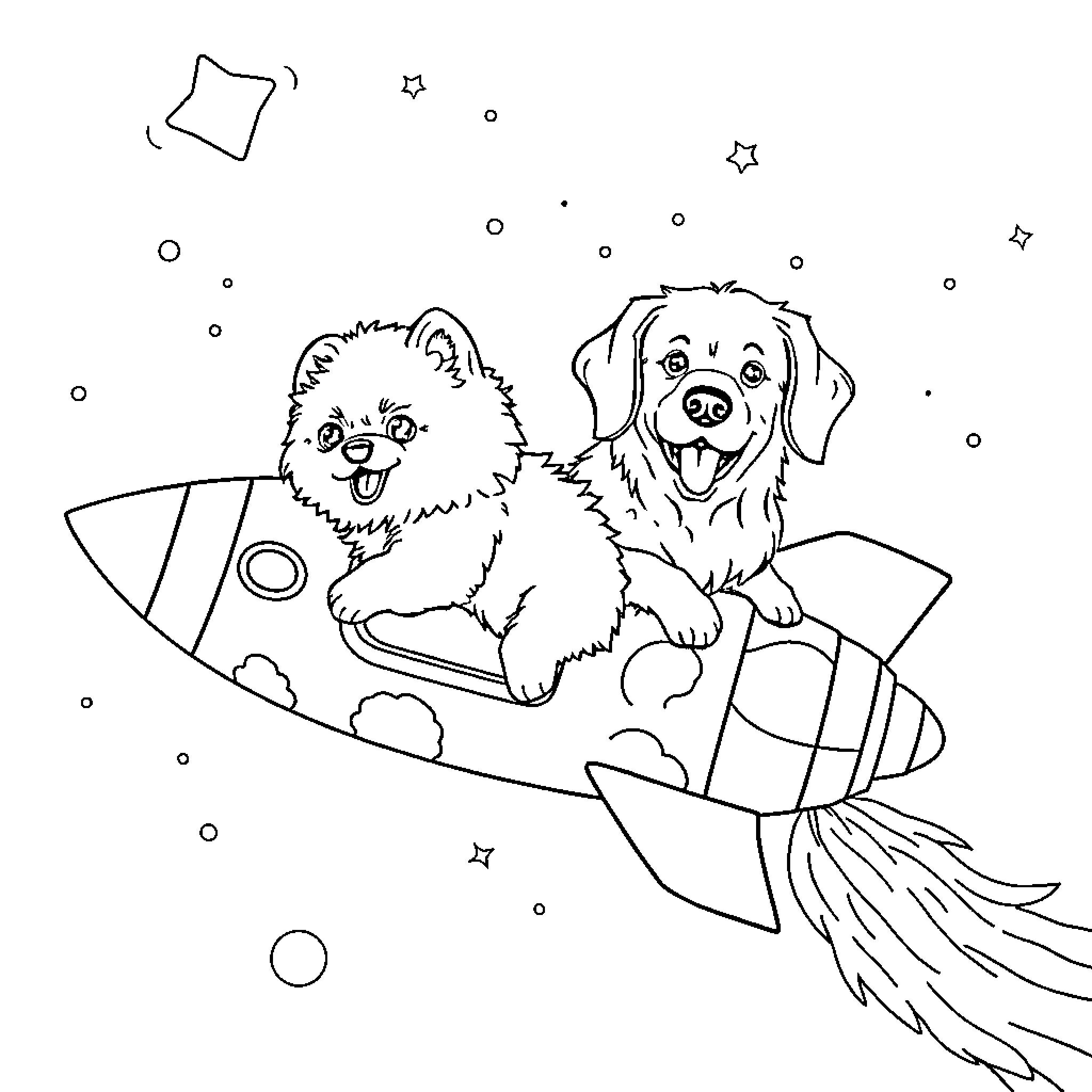 Dog Pals Explore Outer Space Joyfully Coloring Page (free black-and-white line drawing printable PDF for all, from beginners to advanced learners, including children, teens, adults, and seniors)