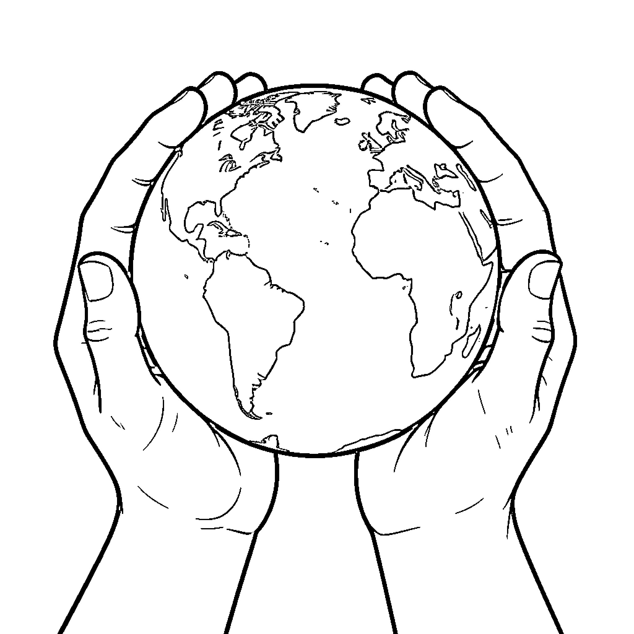 Earth held in cupped hands Coloring Page (free black-and-white line drawing printable PDF for all, from beginners to advanced learners, including children, teens, adults, and seniors)