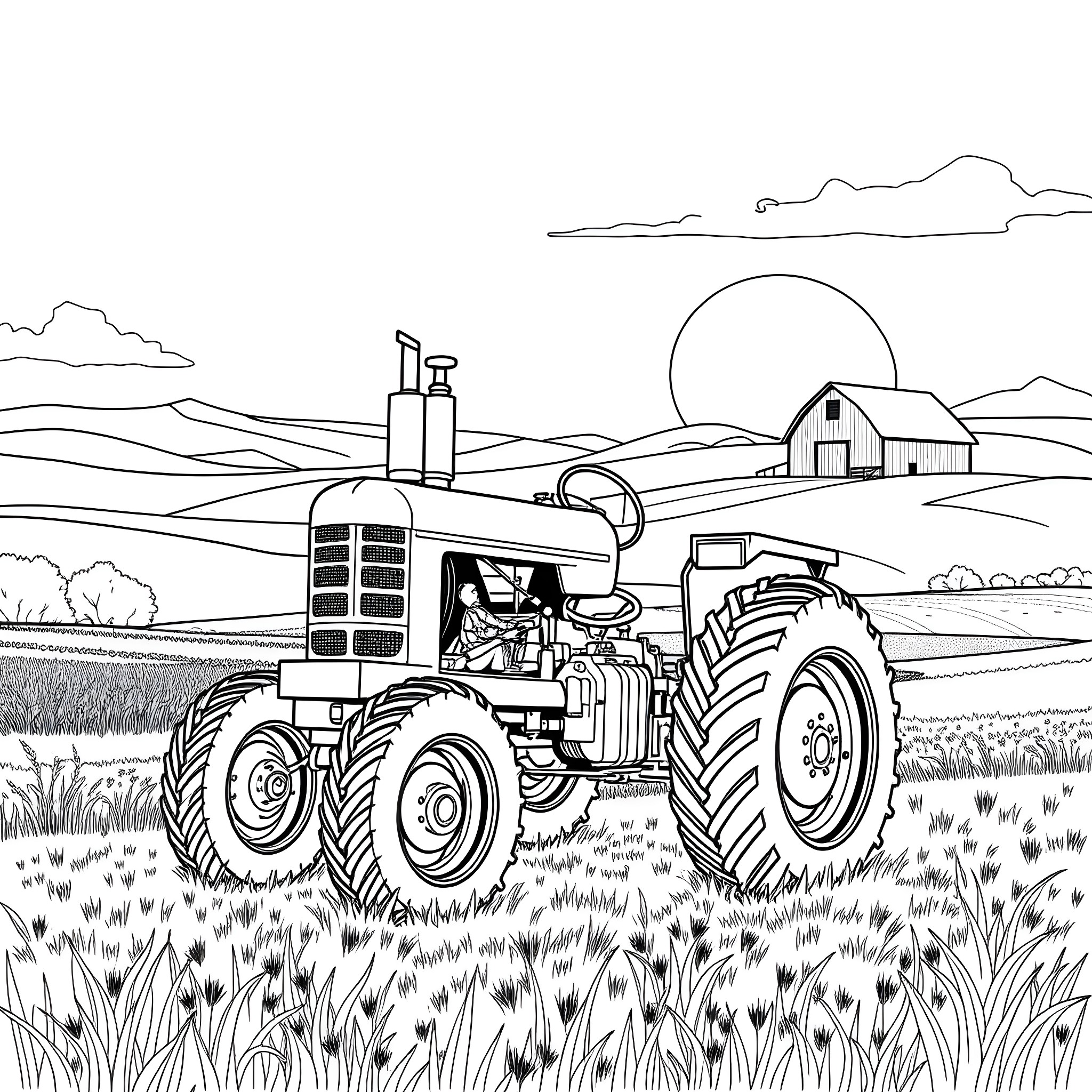 Tractor plowing fields in countryside landscape Coloring Page (free black-and-white line drawing printable PDF for all, from beginners to advanced learners, including children, teens, adults, and seniors)