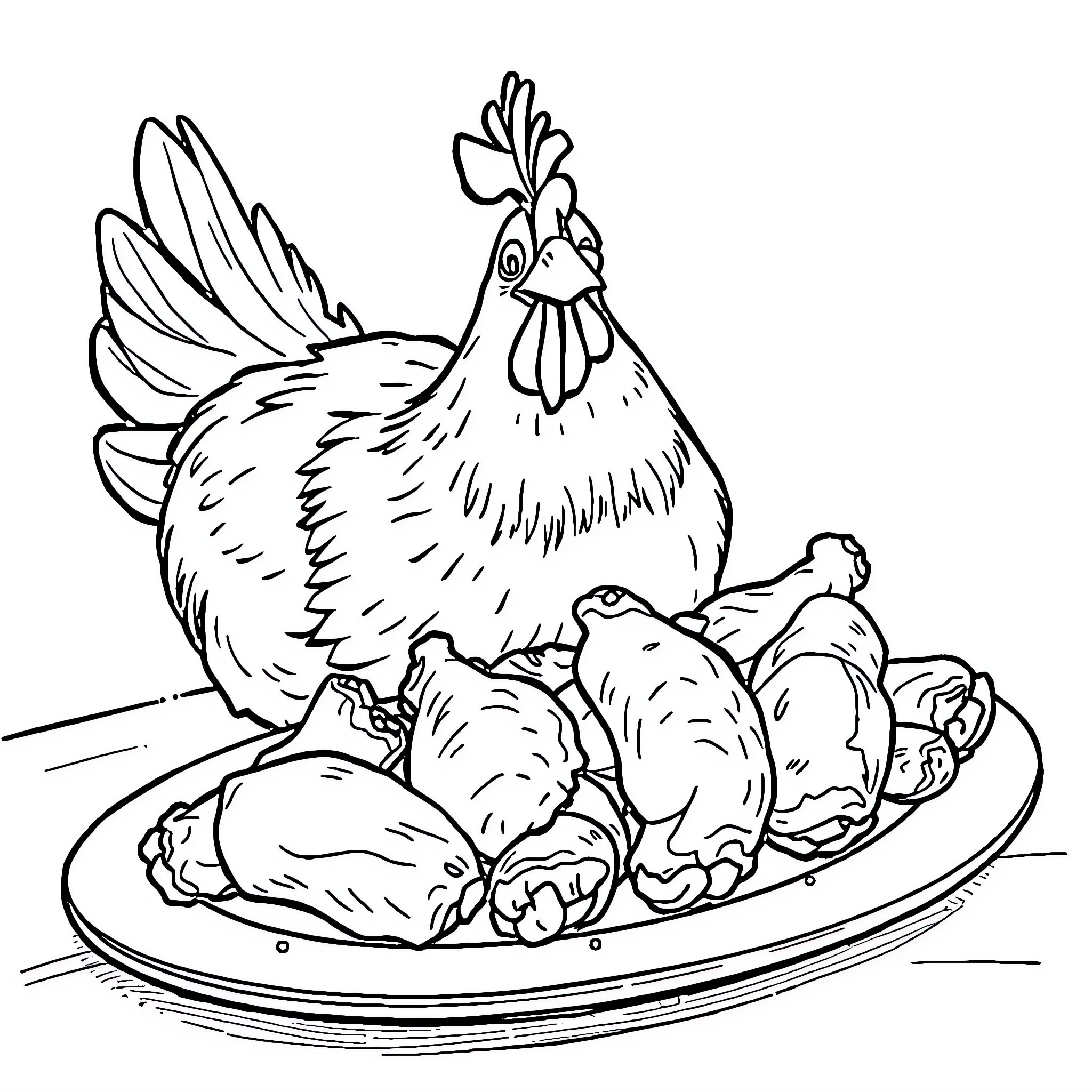Chicken roasted with side dishes Coloring Page (free black-and-white line drawing printable PDF for all, from beginners to advanced learners, including children, teens, adults, and seniors)