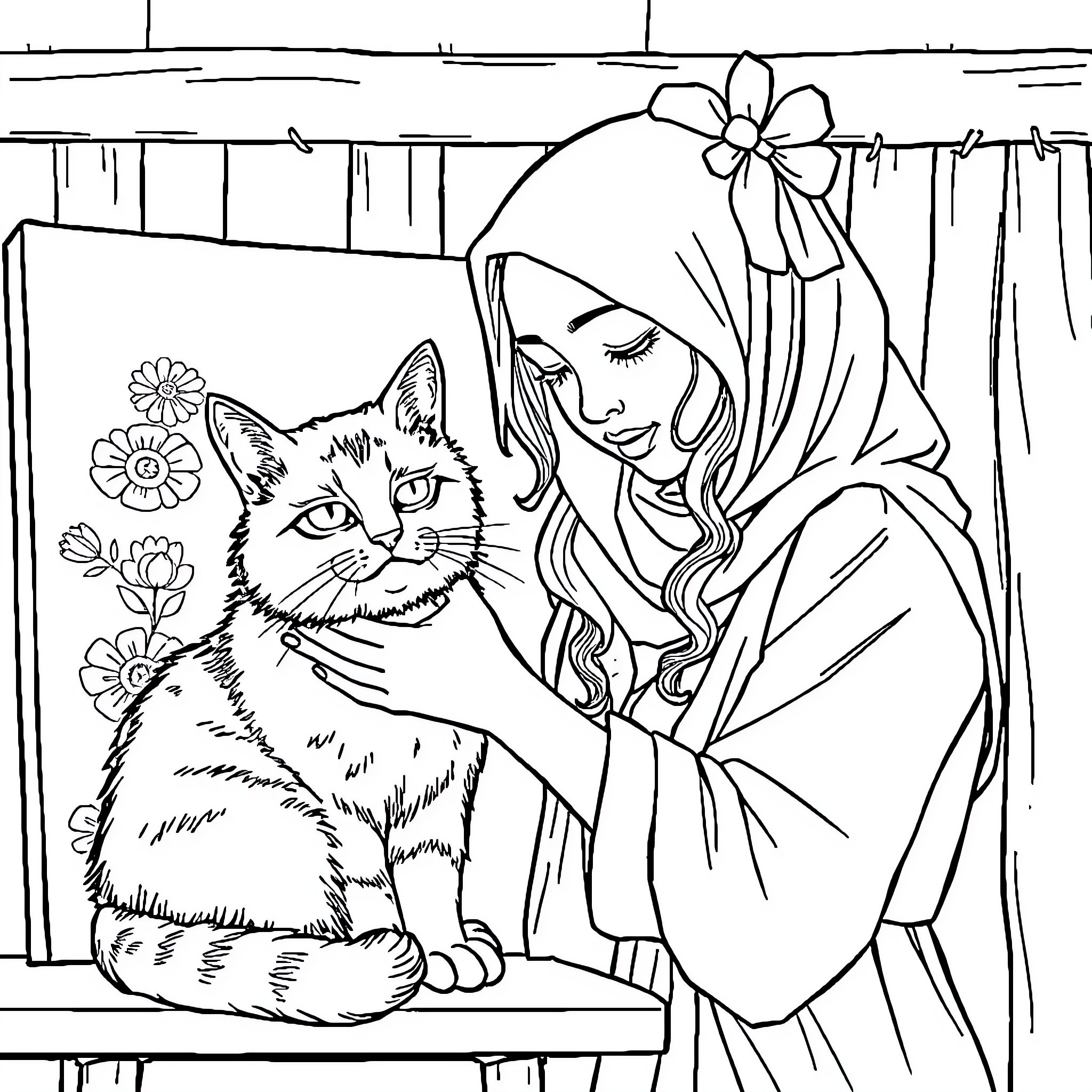 Artist depicts woman petting a cat in a garden setting Coloring Page (free black-and-white line drawing printable PDF for all, from beginners to advanced learners, including children, teens, adults, and seniors)