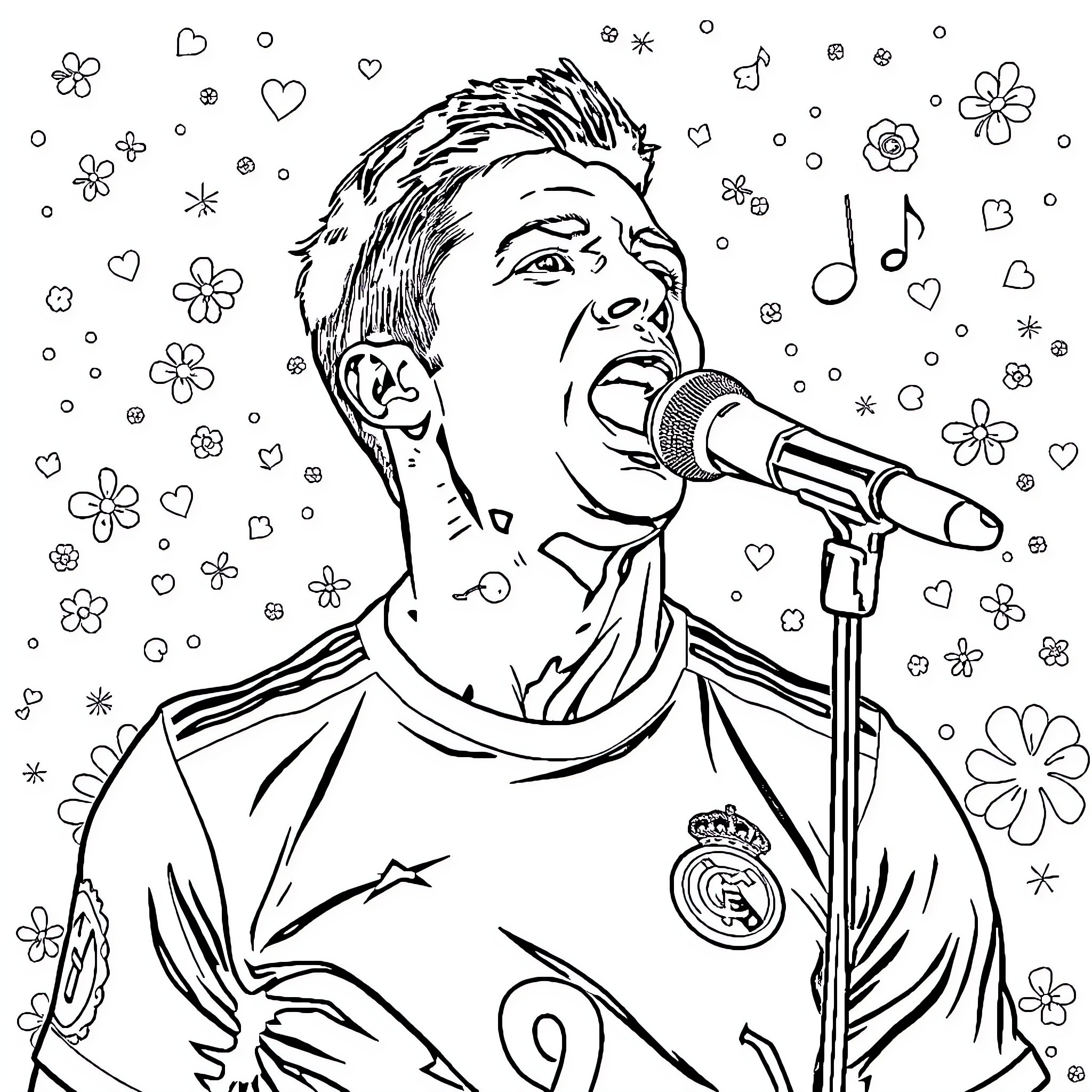 Ronaldo performing on stage with musical notes and flowers Coloring Page (free black-and-white line drawing printable PDF for all, from beginners to advanced learners, including children, teens, adults, and seniors)