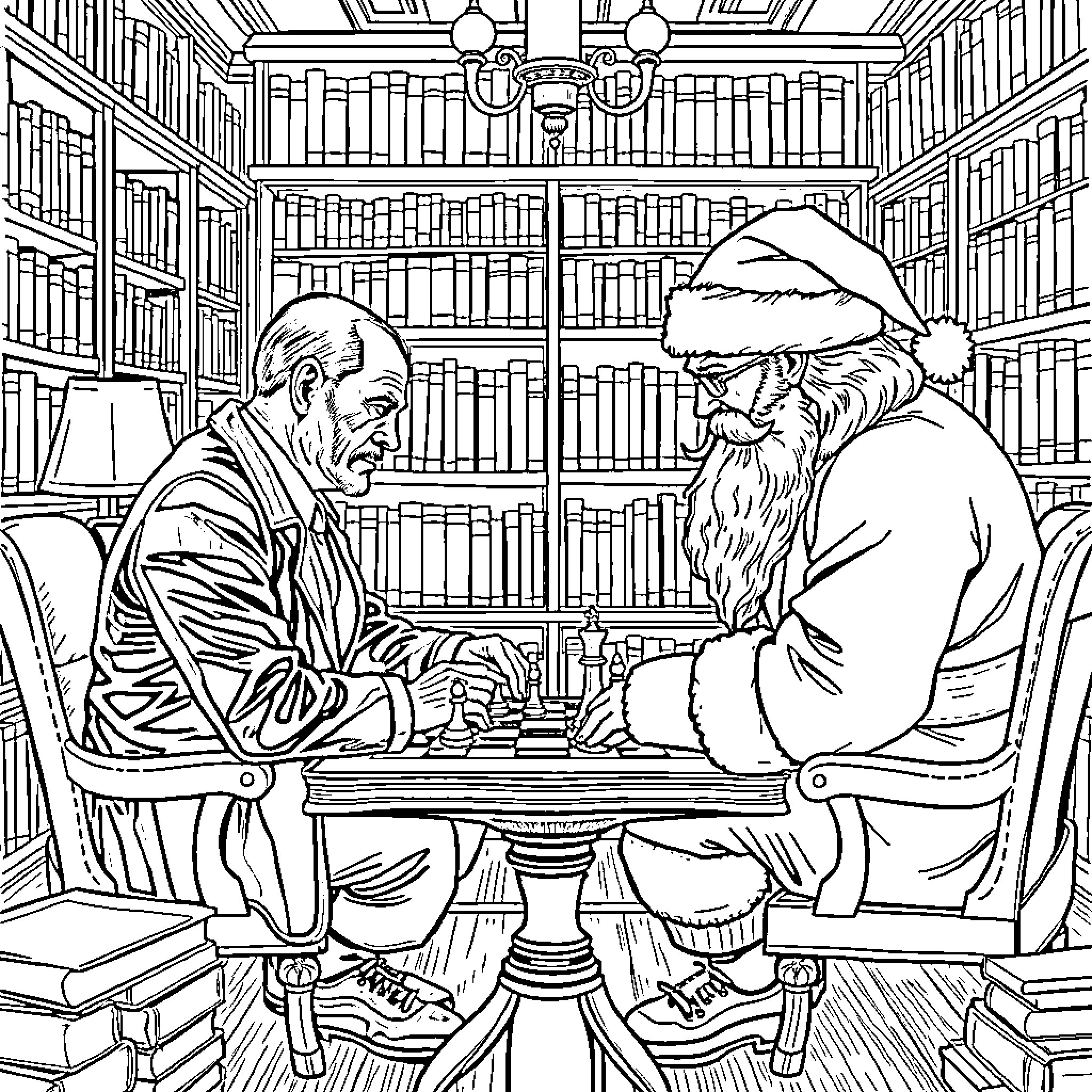 Hannibal Lecter and Santa Claus playing chess in a library Coloring Page (free black-and-white line drawing printable PDF for all, from beginners to advanced learners, including children, teens, adults, and seniors)