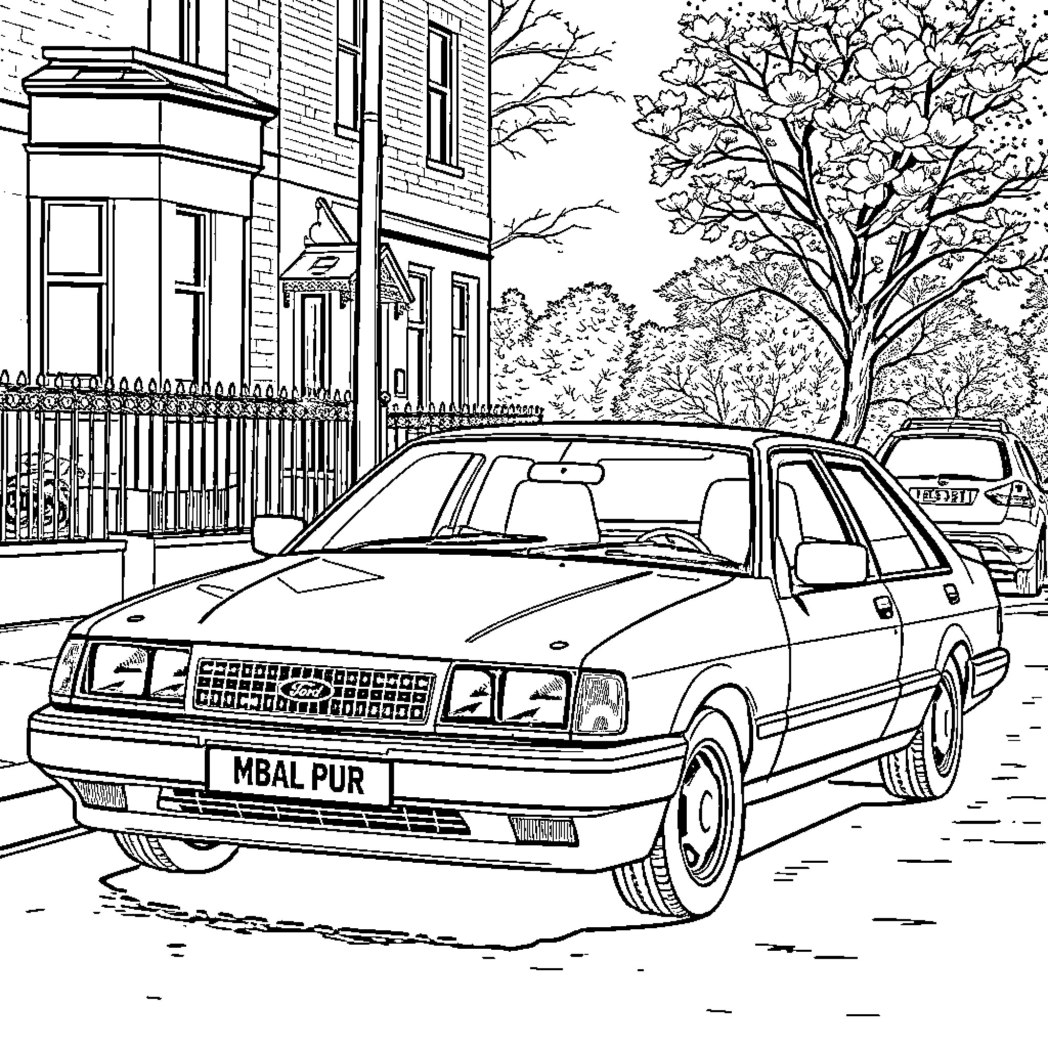 Ford Station Wagon on a City Street Coloring Page (free black-and-white line drawing printable PDF for all, from beginners to advanced learners, including children, teens, adults, and seniors)