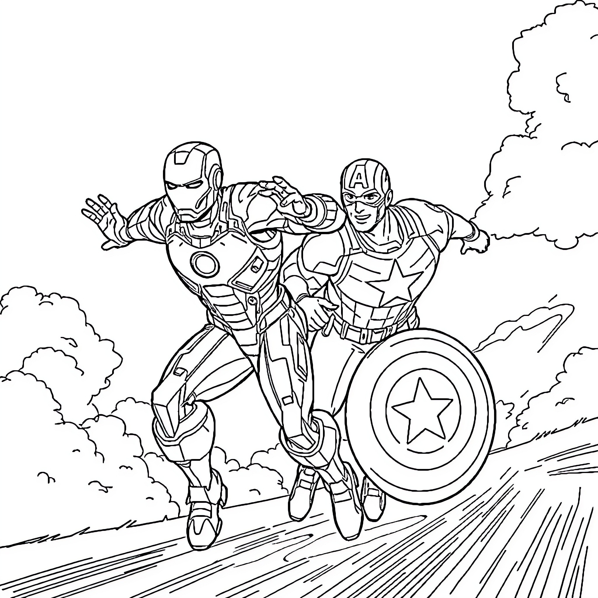 Ironman and Captain America in action Coloring Page (free black-and-white line drawing printable PDF for all, from beginners to advanced learners, including children, teens, adults, and seniors)