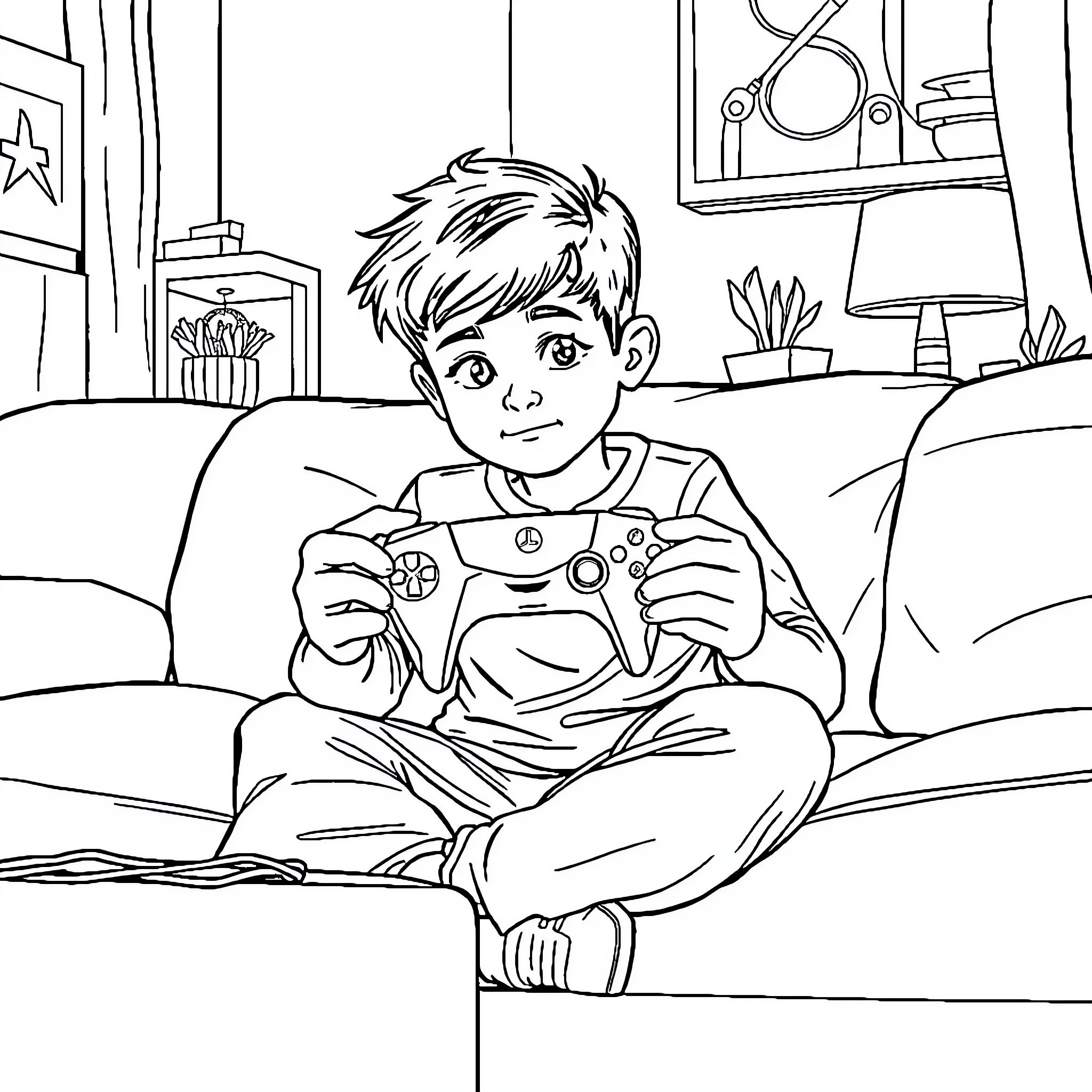 Boy playing video game on couch Coloring Page (free black-and-white line drawing printable PDF for all, from beginners to advanced learners, including children, teens, adults, and seniors)