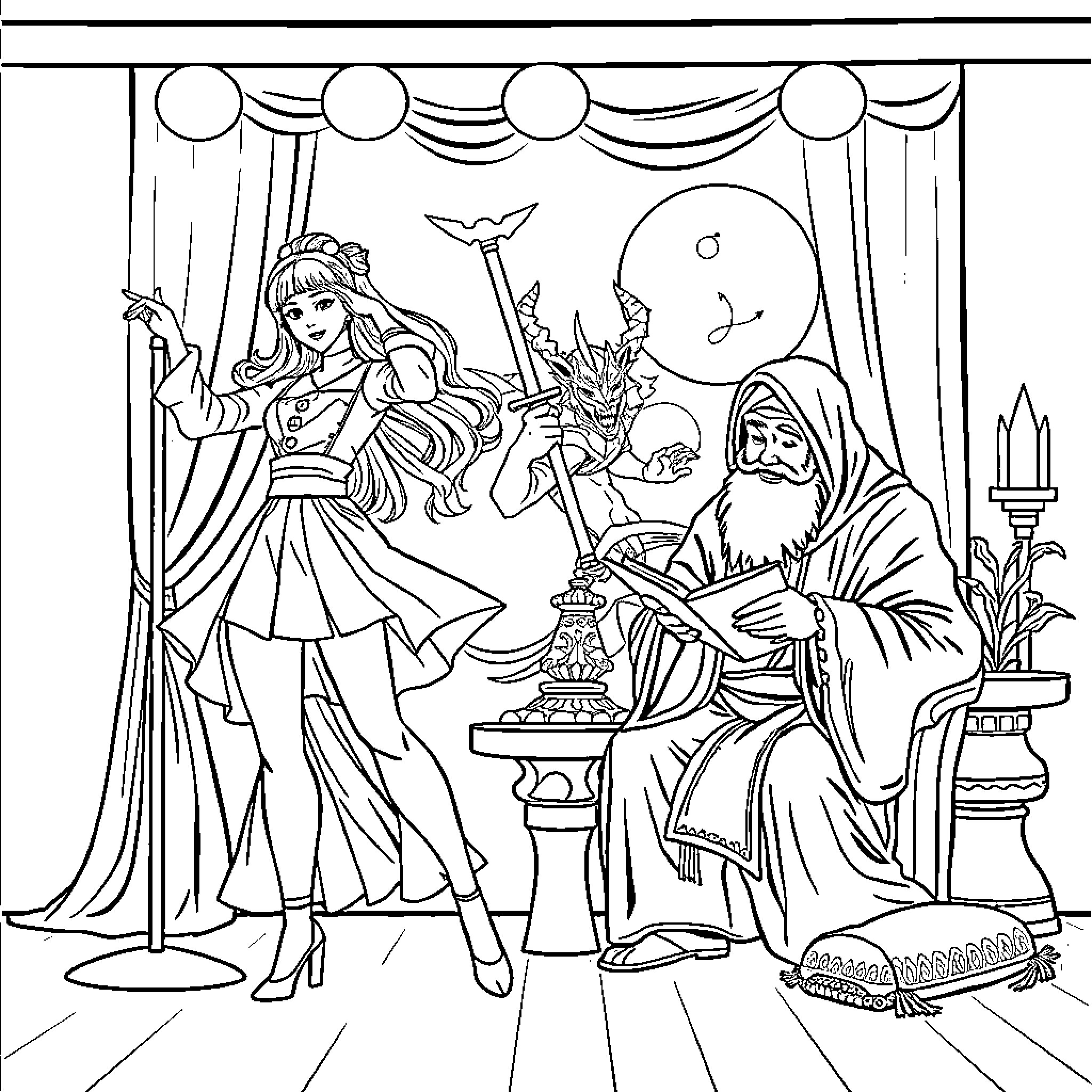 Demon Hunter Confronting Dark Sorcerer in Ornate Chamber Coloring Page (free black-and-white line drawing printable PDF for all, from beginners to advanced learners, including children, teens, adults, and seniors)