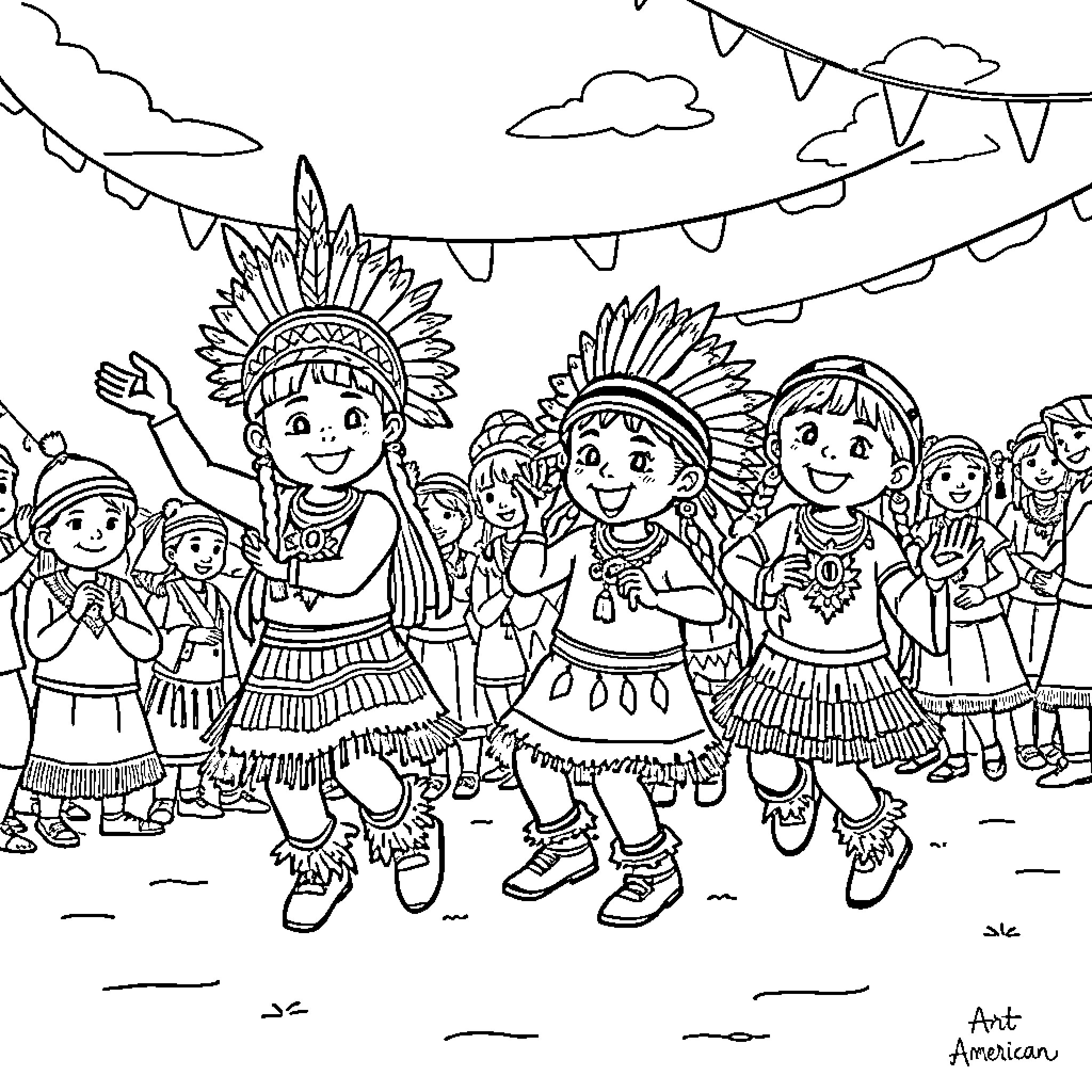 Children celebrating in traditional indigenous outfits Coloring Page (free black-and-white line drawing printable PDF for all, from beginners to advanced learners, including children, teens, adults, and seniors)