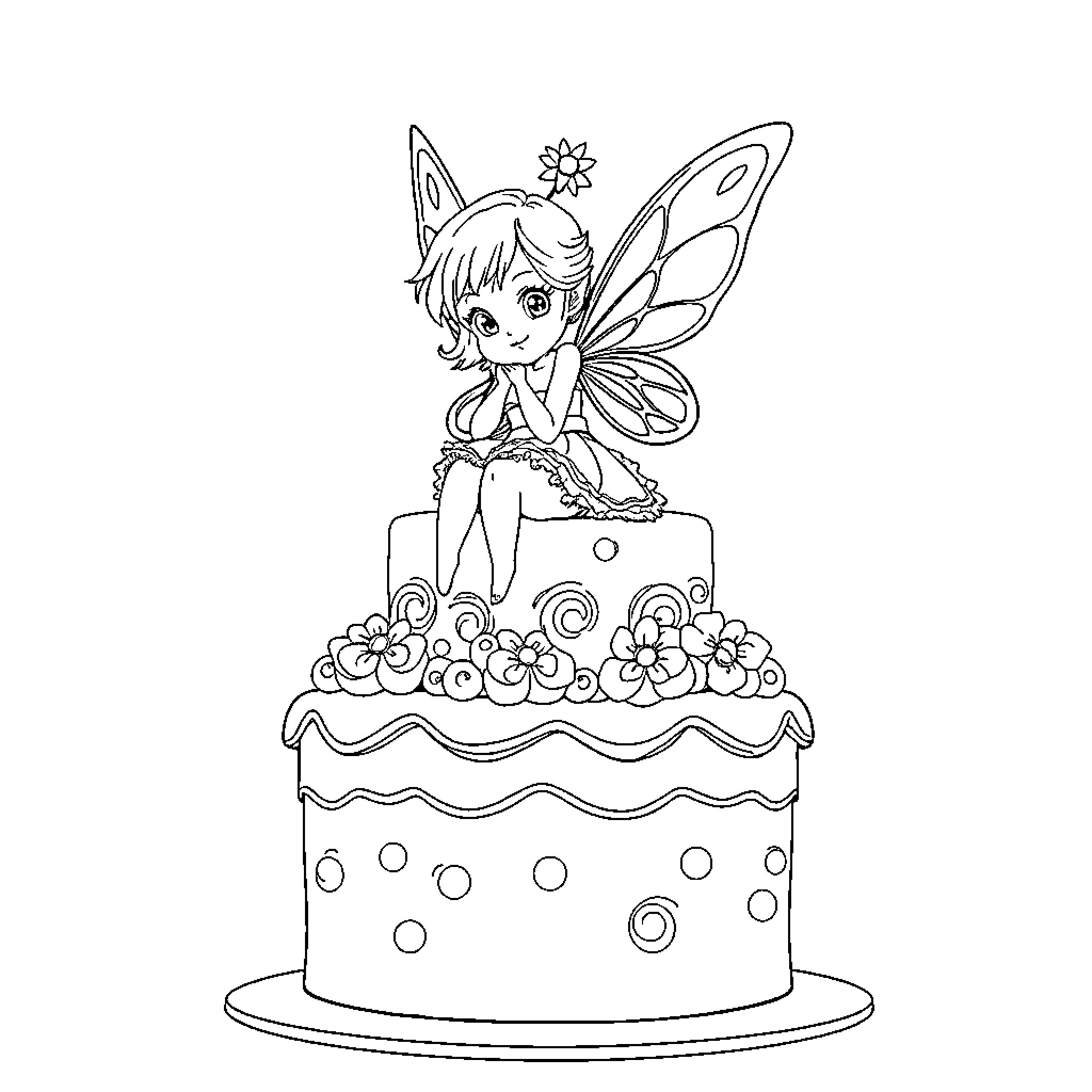 Fairy sitting on a decorated cake Coloring Page (free black-and-white line drawing printable PDF for all, from beginners to advanced learners, including children, teens, adults, and seniors)