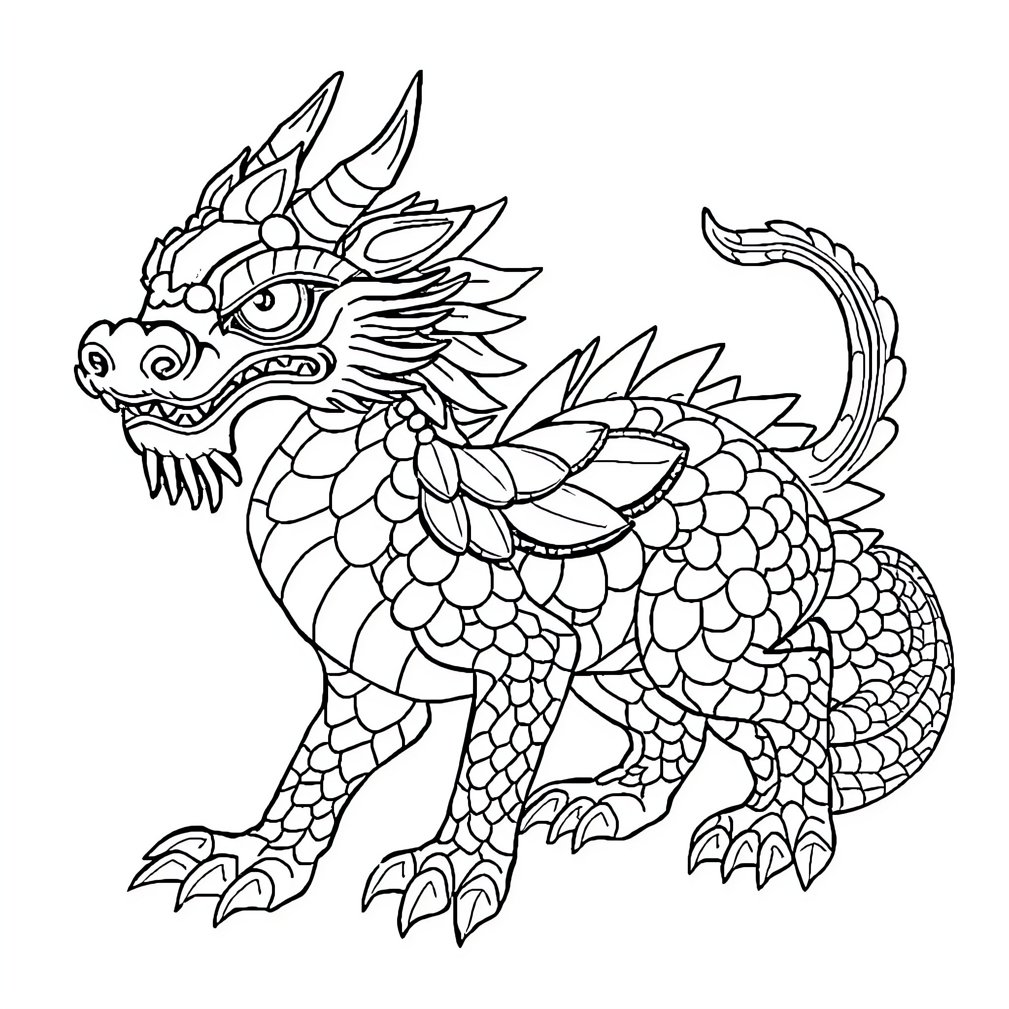 Mythical Beast Fierce Dragon in Defensive Stance Coloring Page (free black-and-white line drawing printable PDF for all, from beginners to advanced learners, including children, teens, adults, and seniors)
