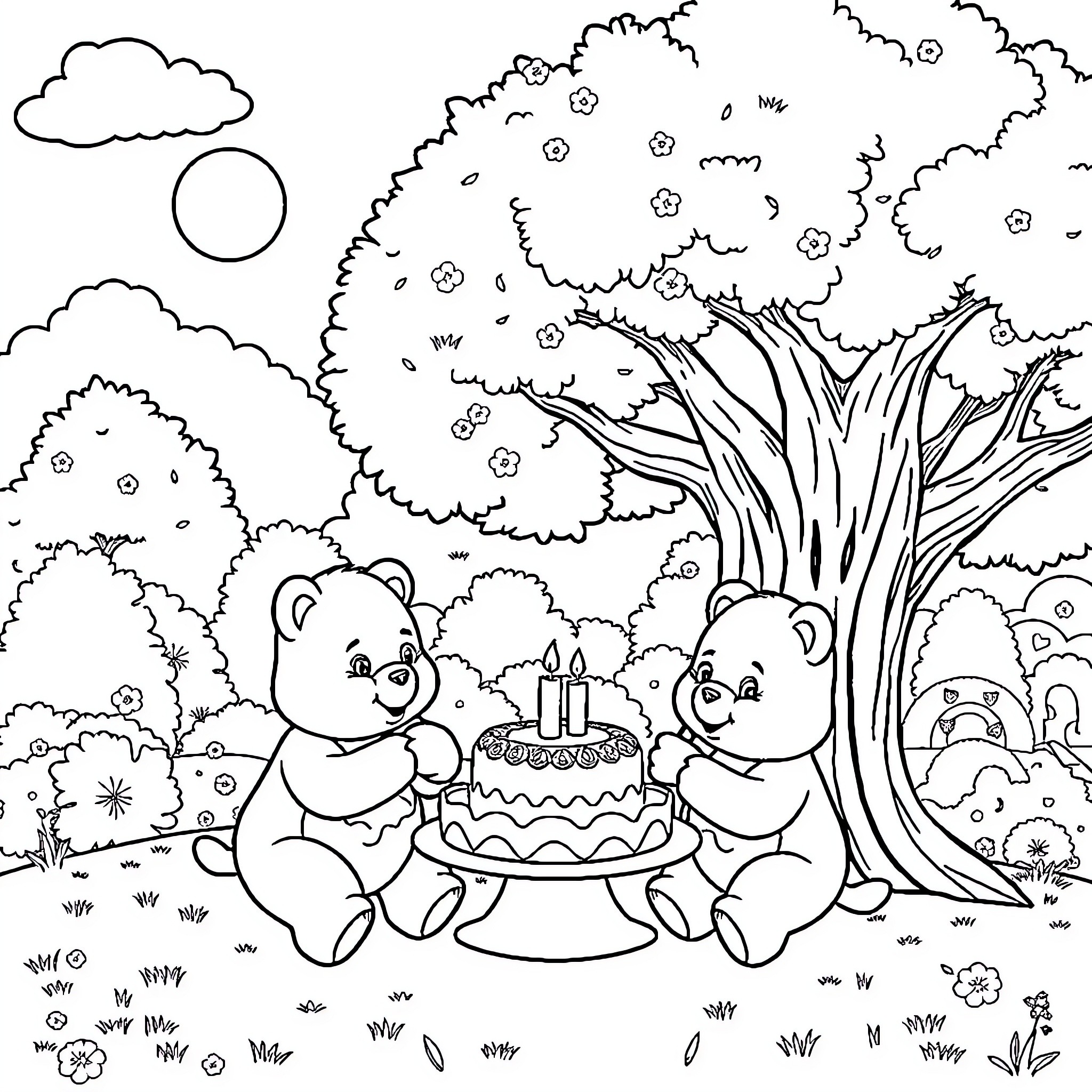 Care Bears celebrating birthday party in the forest Coloring Page (free black-and-white line drawing printable PDF for all, from beginners to advanced learners, including children, teens, adults, and seniors)