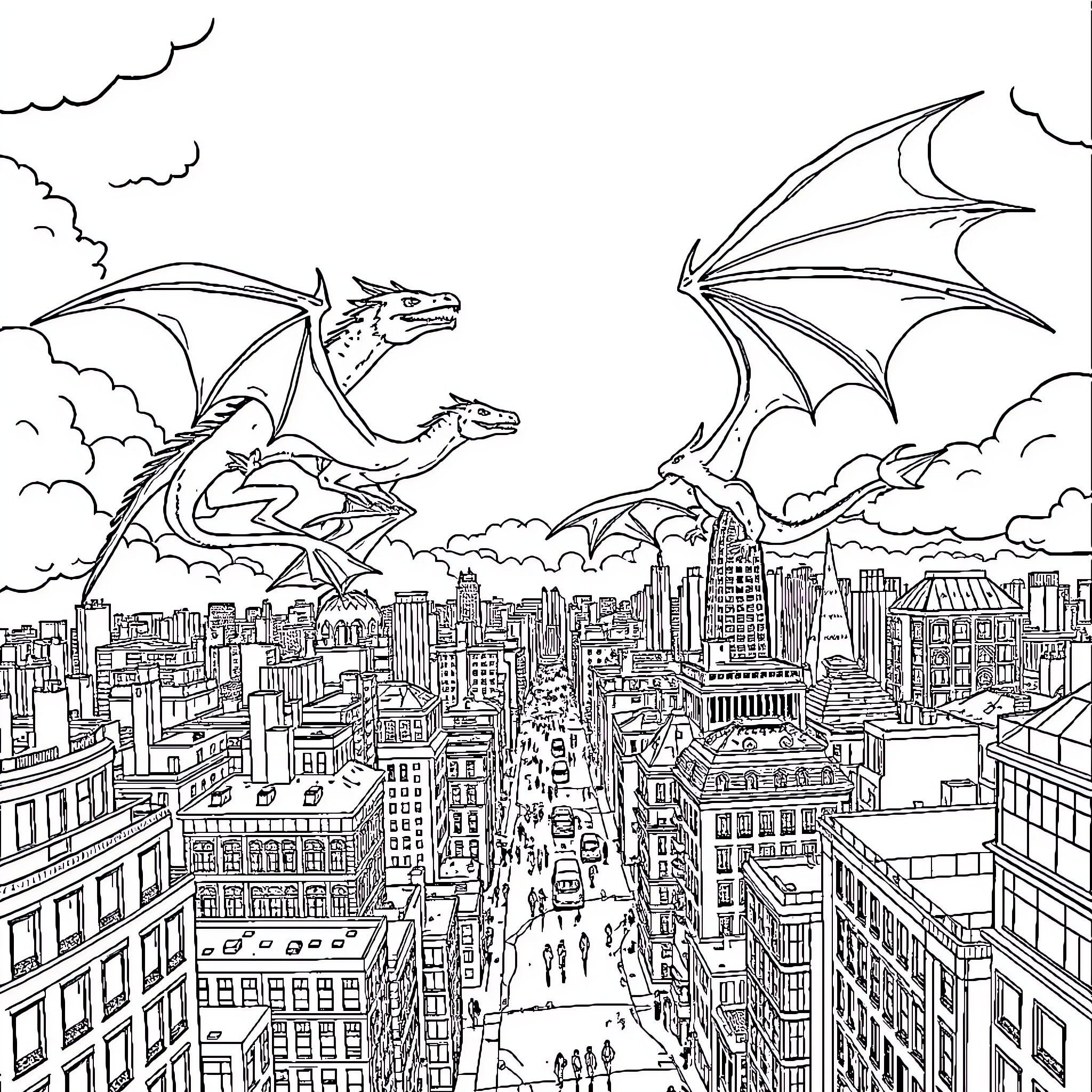 Dragon duo soaring over the city skyline Coloring Page (free black-and-white line drawing printable PDF for all, from beginners to advanced learners, including children, teens, adults, and seniors)