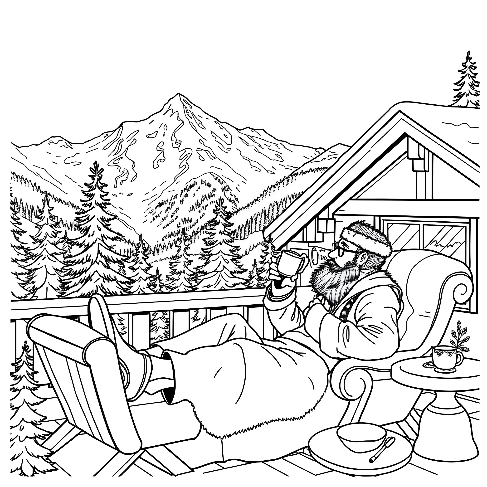 Zaphod Beeblebox enjoys peaceful winter scene with cabin and mountains Coloring Page (free black-and-white line drawing printable PDF for all, from beginners to advanced learners, including children, teens, adults, and seniors)