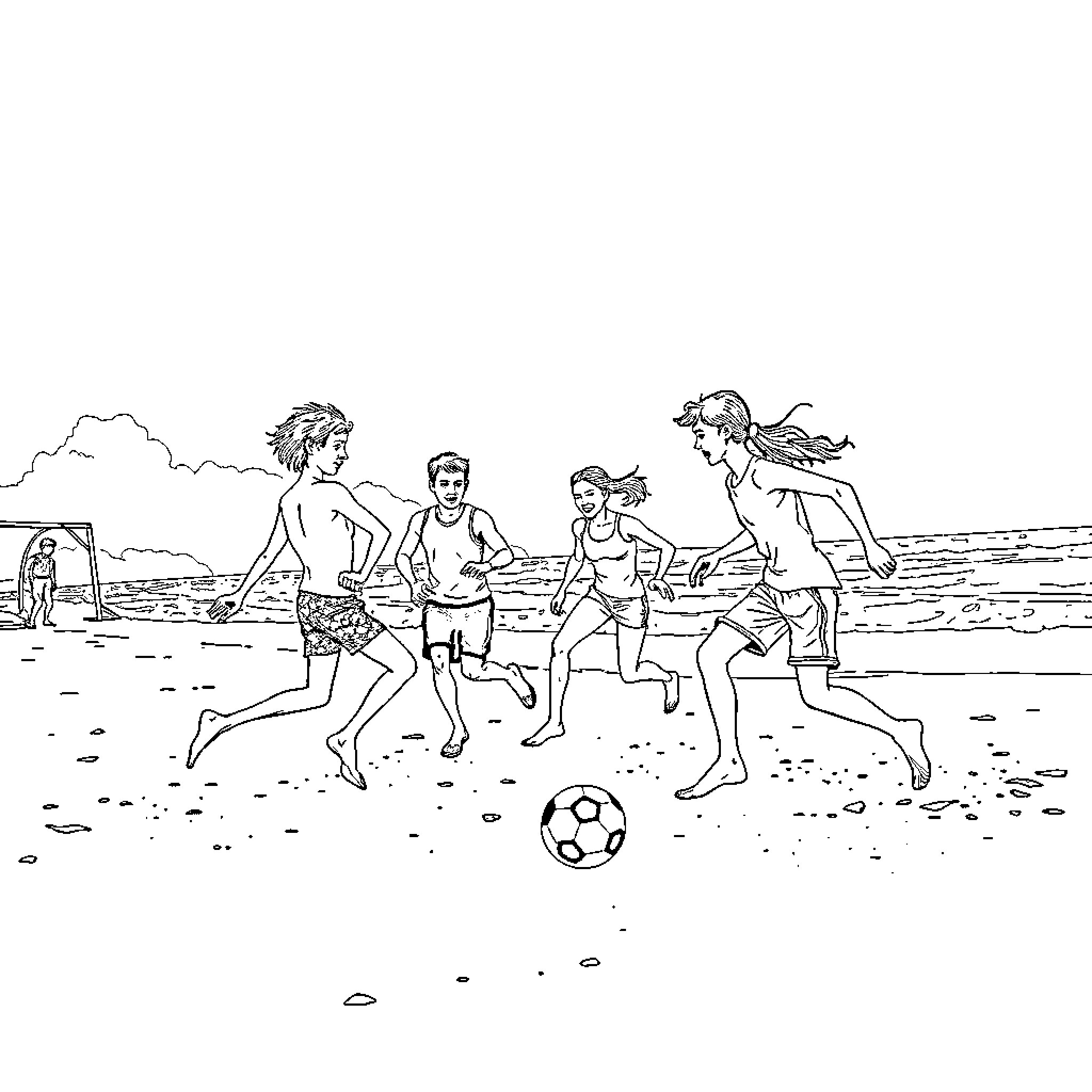 Soccer players having fun on the beach Coloring Page (free black-and-white line drawing printable PDF for all, from beginners to advanced learners, including children, teens, adults, and seniors)