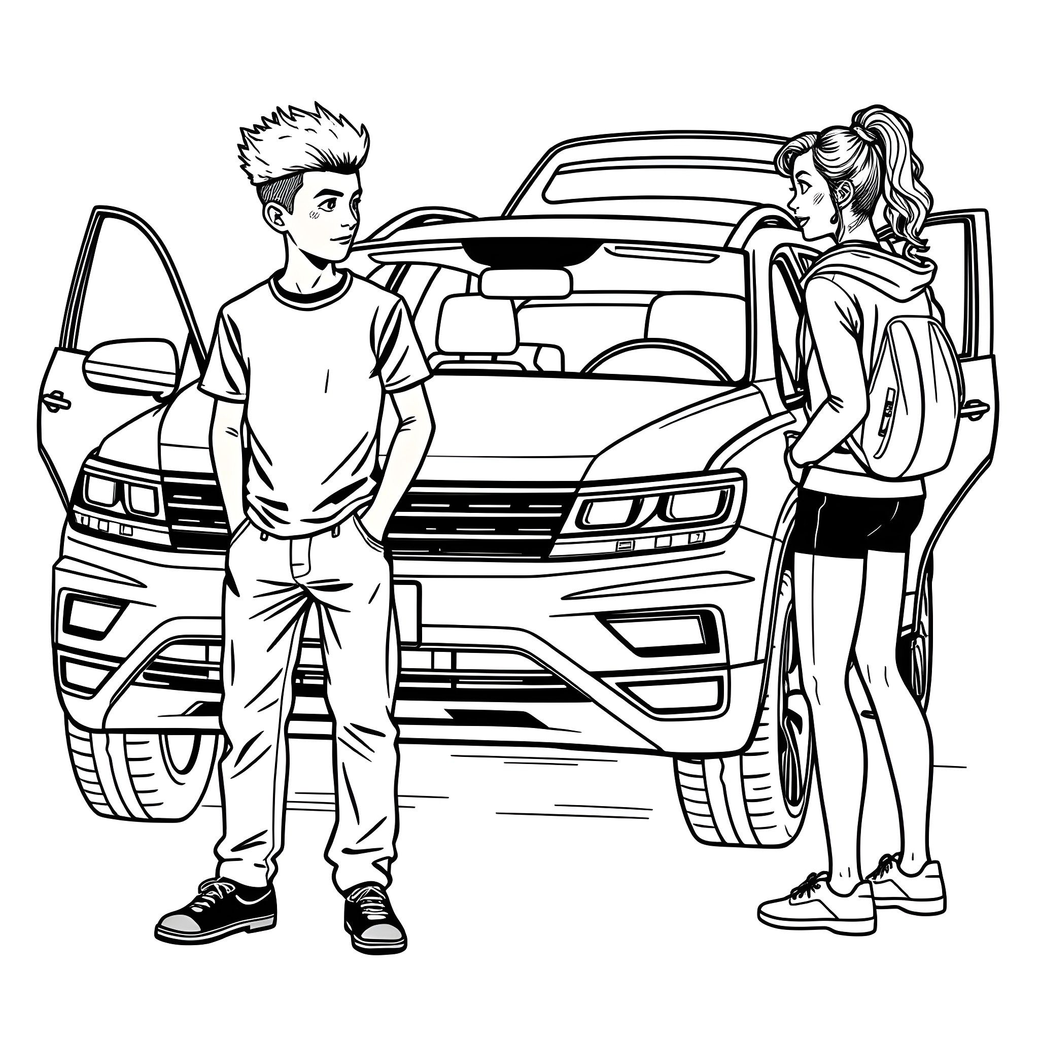 Teen couple checking out a new car Coloring Page (free black-and-white line drawing printable PDF for all, from beginners to advanced learners, including children, teens, adults, and seniors)