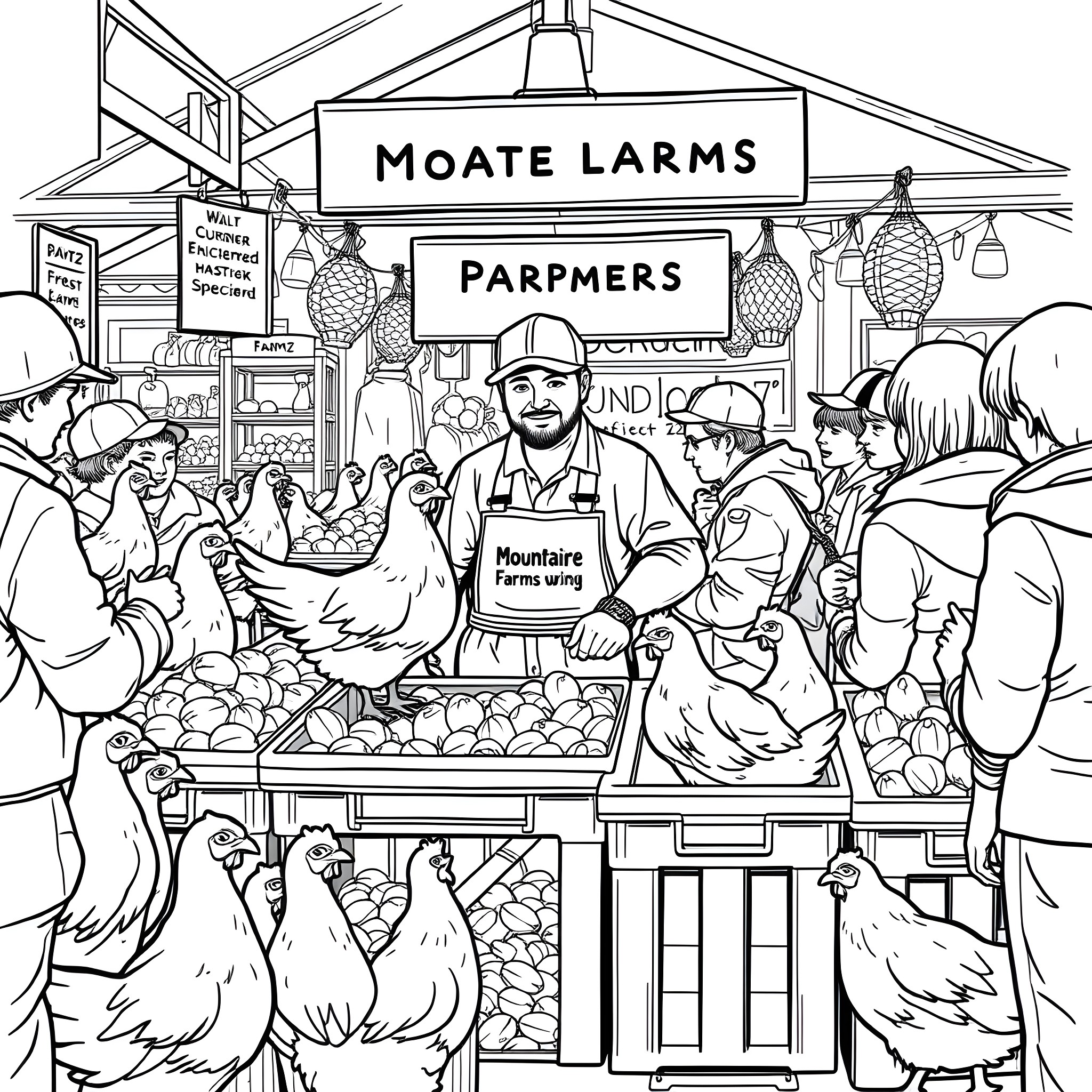Chicken farmers selling produce at the market Coloring Page (free black-and-white line drawing printable PDF for all, from beginners to advanced learners, including children, teens, adults, and seniors)