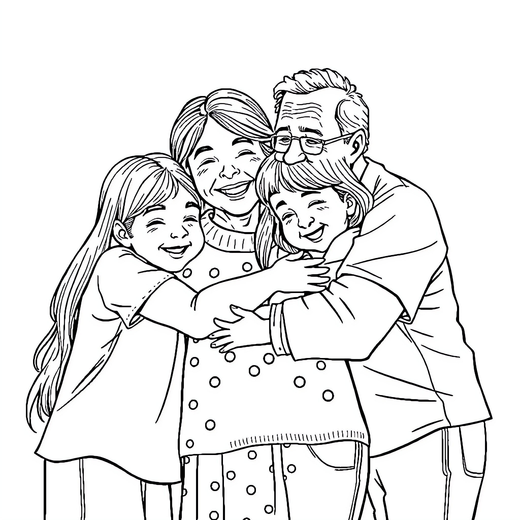 Child's Joyful Family Portrait Coloring Page (free black-and-white line drawing printable PDF for all, from beginners to advanced learners, including children, teens, adults, and seniors)