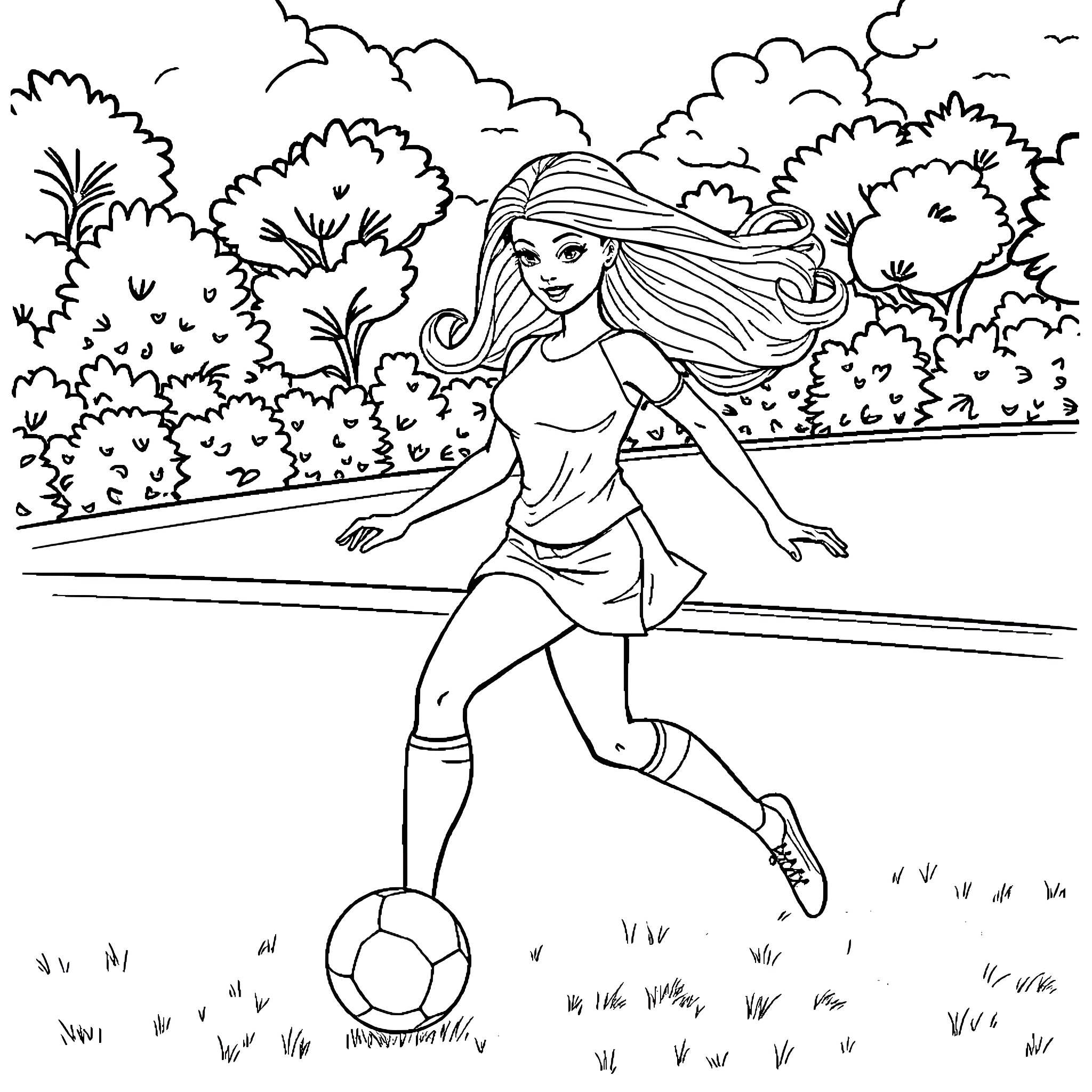 Barbie playing soccer in the park Coloring Page (free black-and-white line drawing printable PDF for all, from beginners to advanced learners, including children, teens, adults, and seniors)