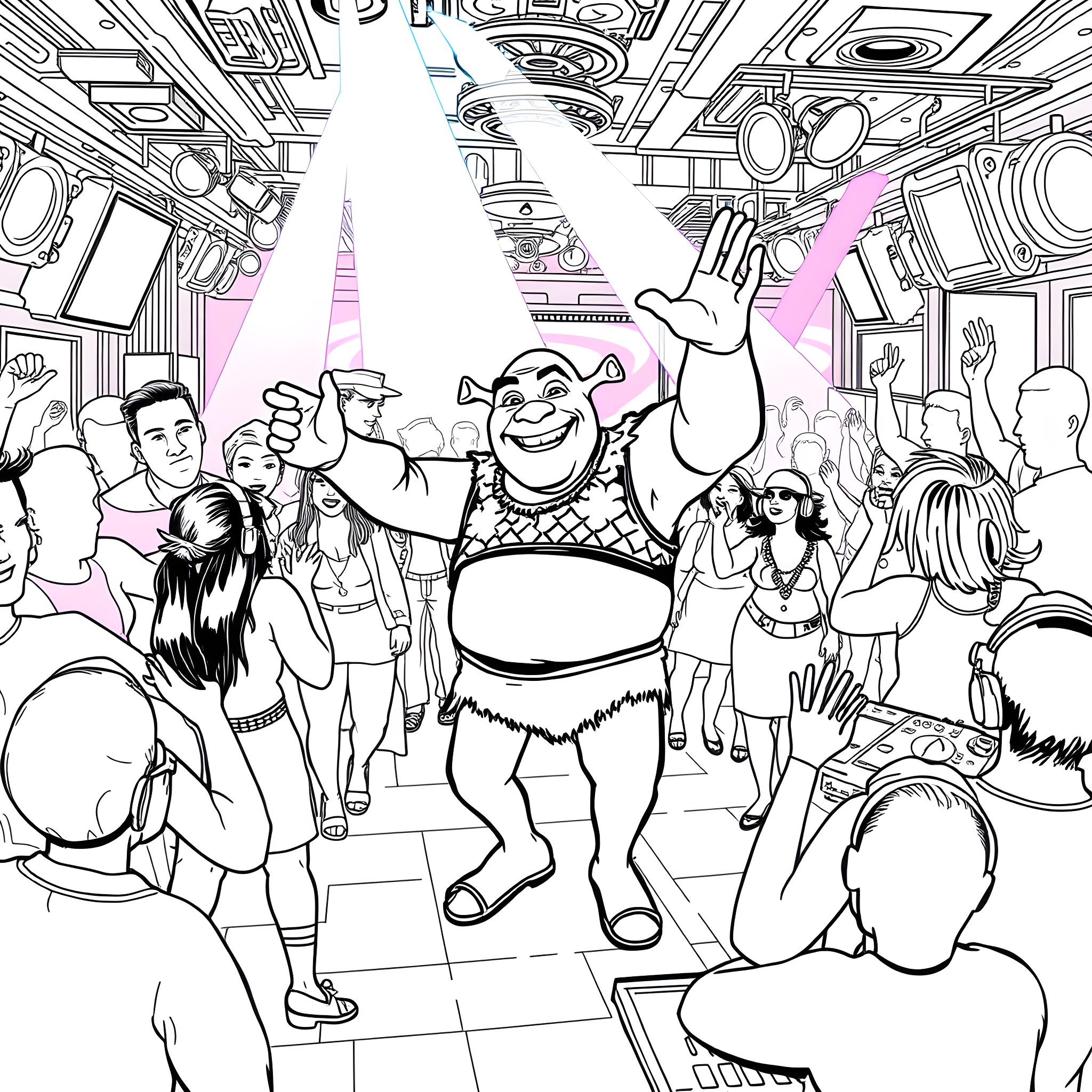 Shrek's Lively Celebration in a Vibrant Crowd Coloring Page (free black-and-white line drawing printable PDF for all, from beginners to advanced learners, including children, teens, adults, and seniors)
