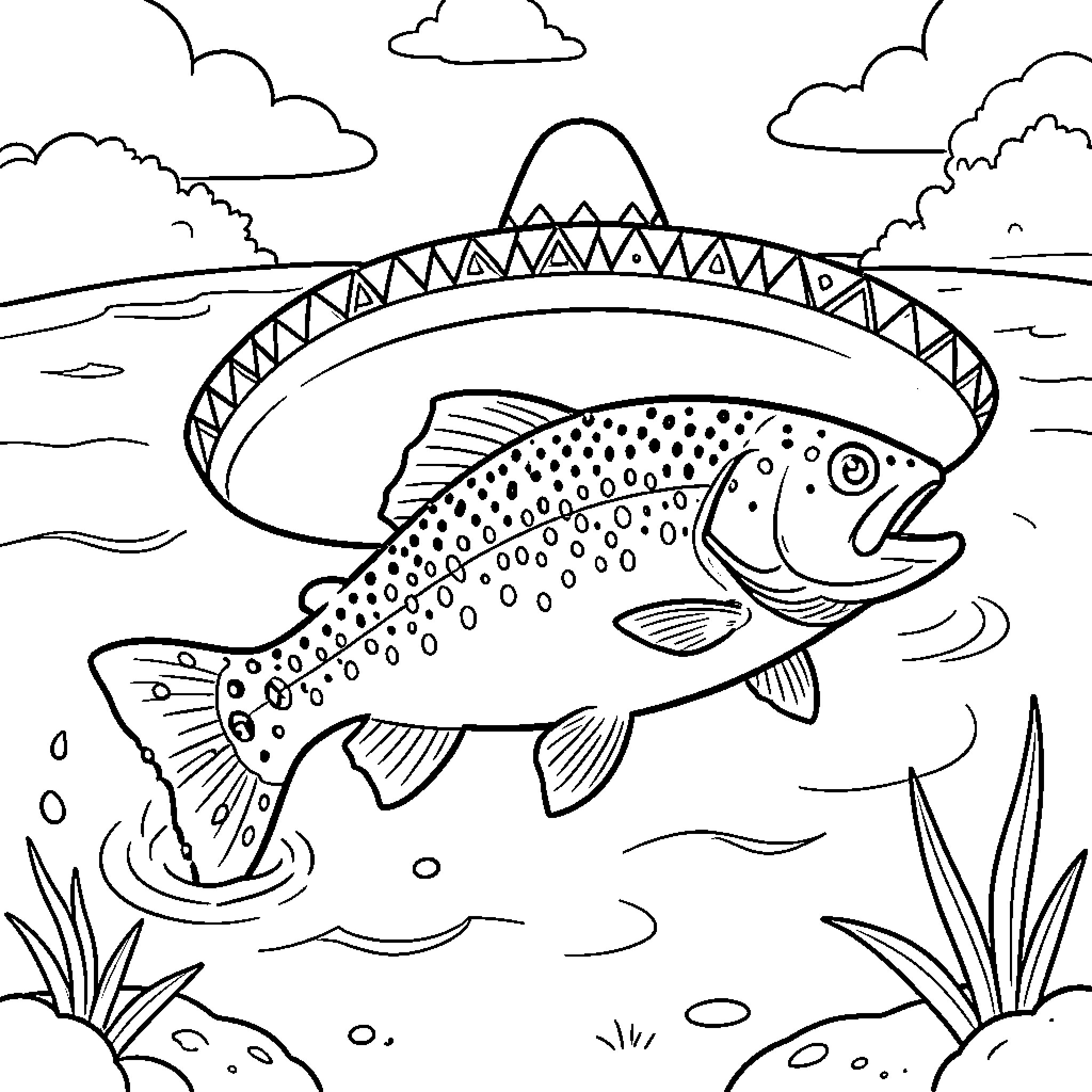 Trout leaping beneath a Mexican-style bridge Coloring Page (free black-and-white line drawing printable PDF for all, from beginners to advanced learners, including children, teens, adults, and seniors)