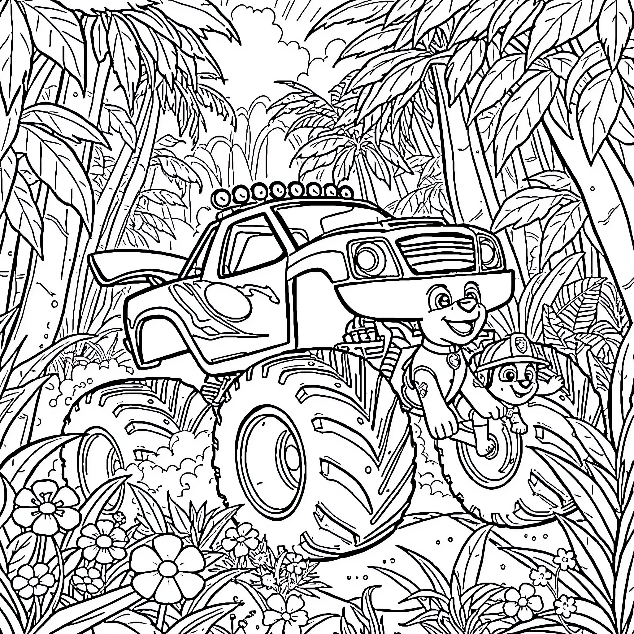 Blaze off-road adventure in the lush jungle Coloring Page (free black-and-white line drawing printable PDF for all, from beginners to advanced learners, including children, teens, adults, and seniors)
