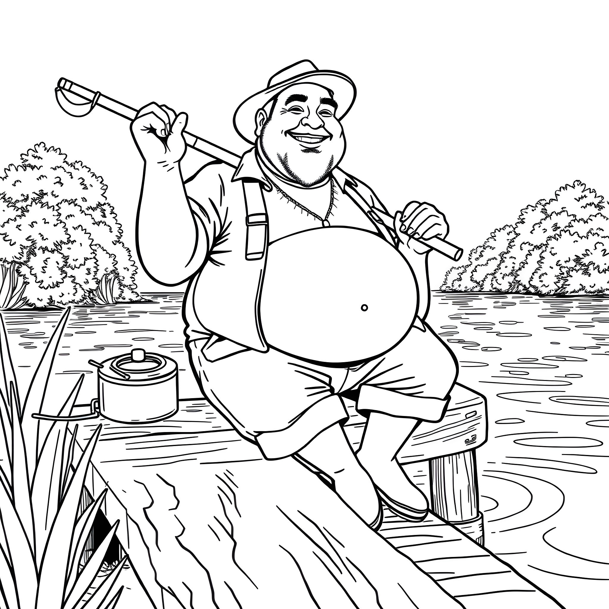 Fisherman enjoying a relaxing day by the lake Coloring Page (free black-and-white line drawing printable PDF for all, from beginners to advanced learners, including children, teens, adults, and seniors)