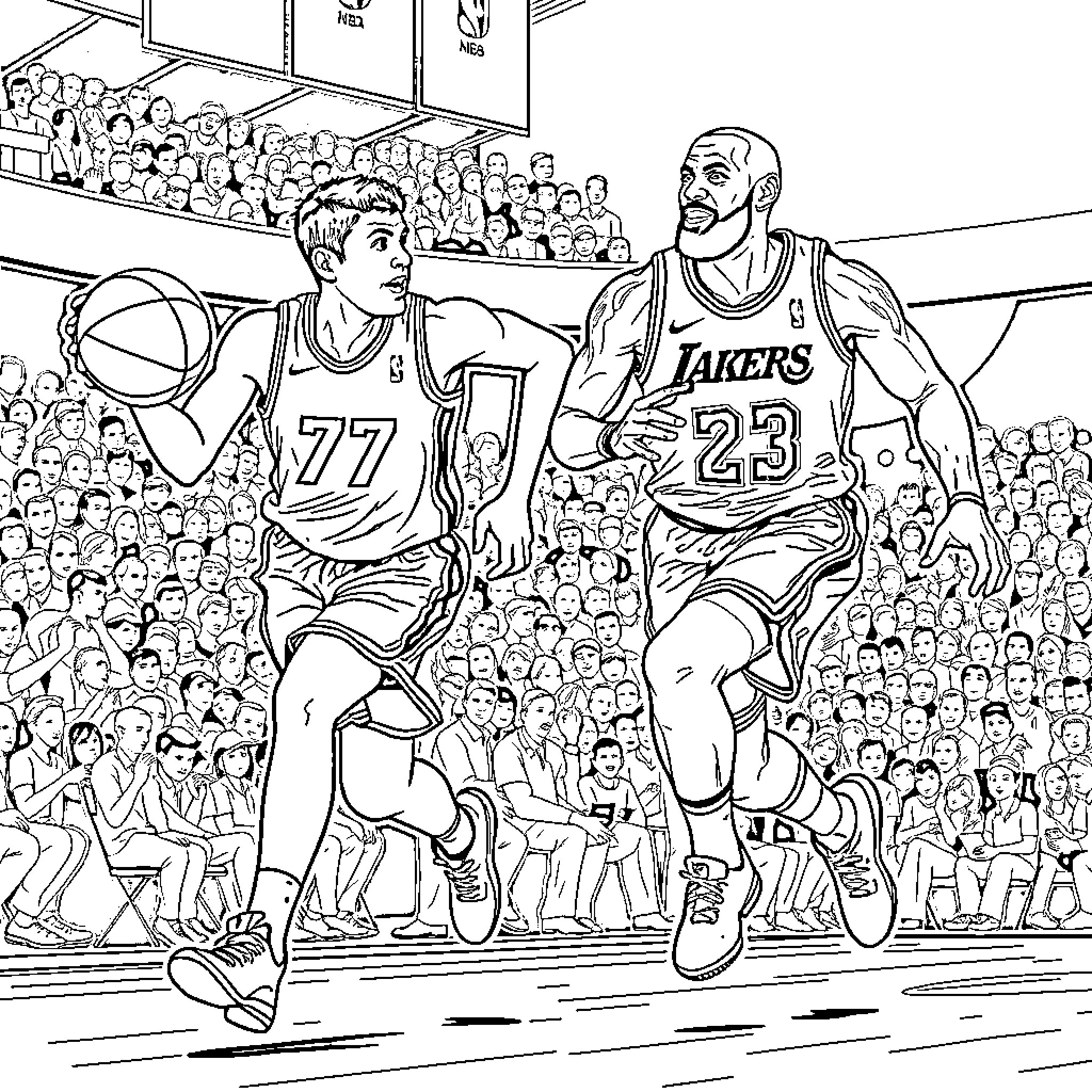 Basketball Players in Action on the Court Coloring Page (free black-and-white line drawing printable PDF for all, from beginners to advanced learners, including children, teens, adults, and seniors)