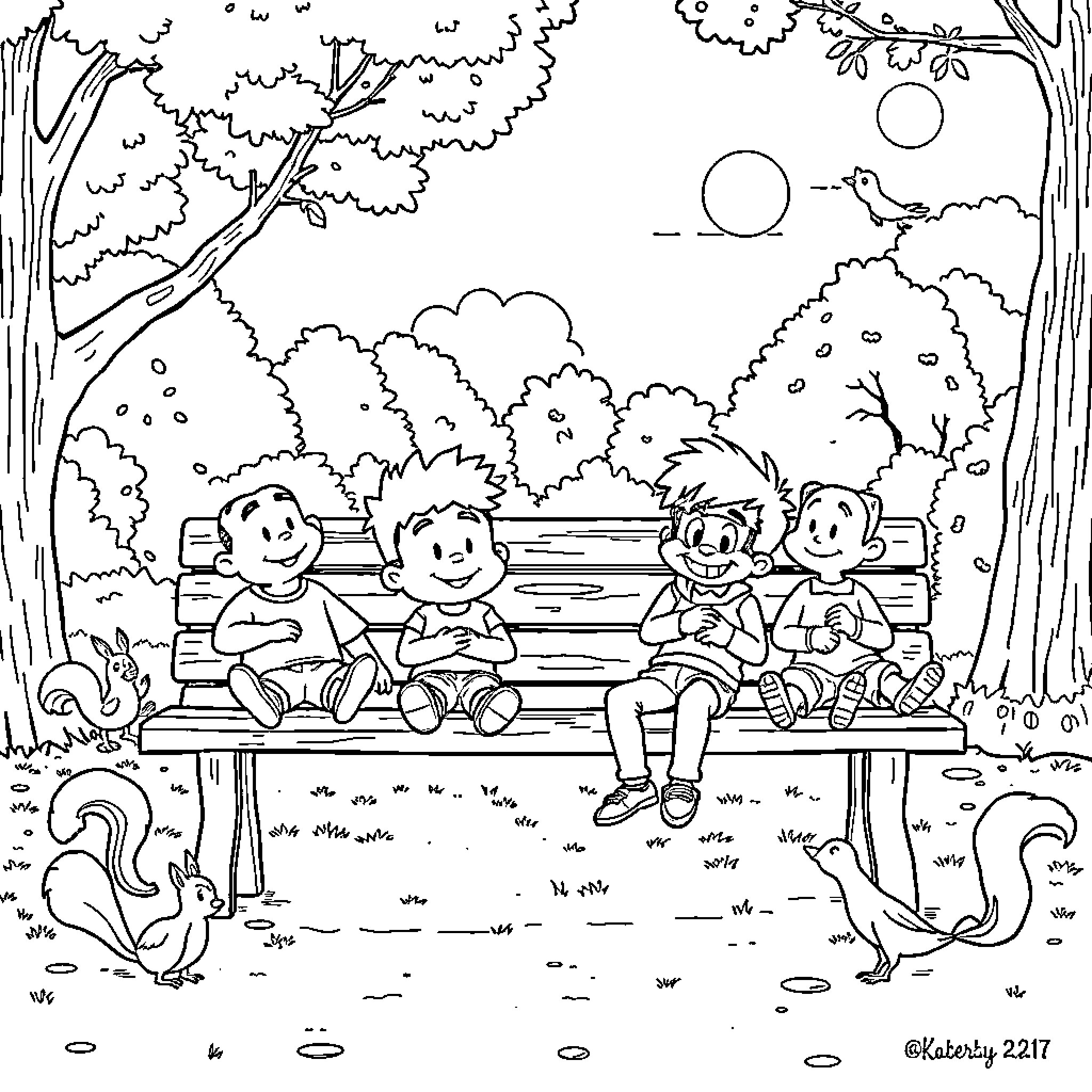 Boondocks: Children enjoying an outdoor park scene Coloring Page (free black-and-white line drawing printable PDF for all, from beginners to advanced learners, including children, teens, adults, and seniors)