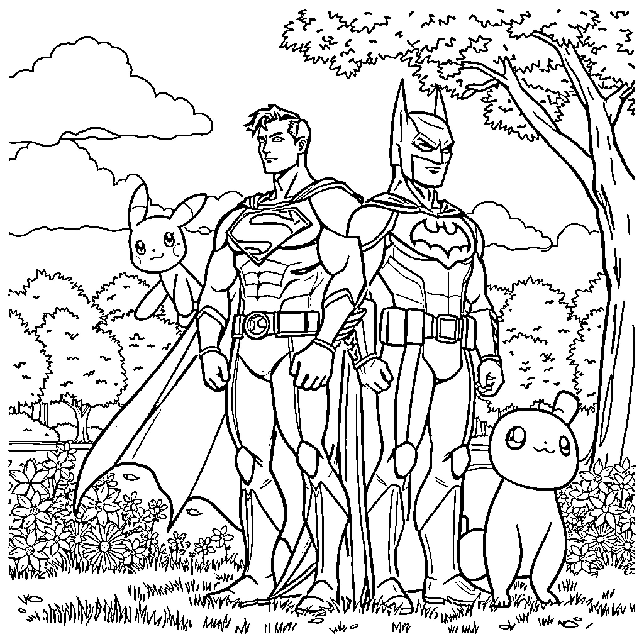 Superman and Batman in heroic pose with animal friends Coloring Page (free black-and-white line drawing printable PDF for all, from beginners to advanced learners, including children, teens, adults, and seniors)