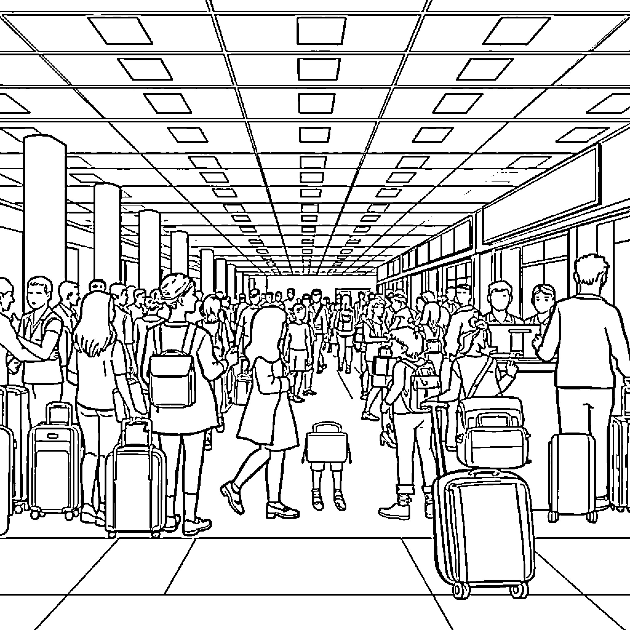 Airport Crowd Navigating Through Terminal Coloring Page (free black-and-white line drawing printable PDF for all, from beginners to advanced learners, including children, teens, adults, and seniors)