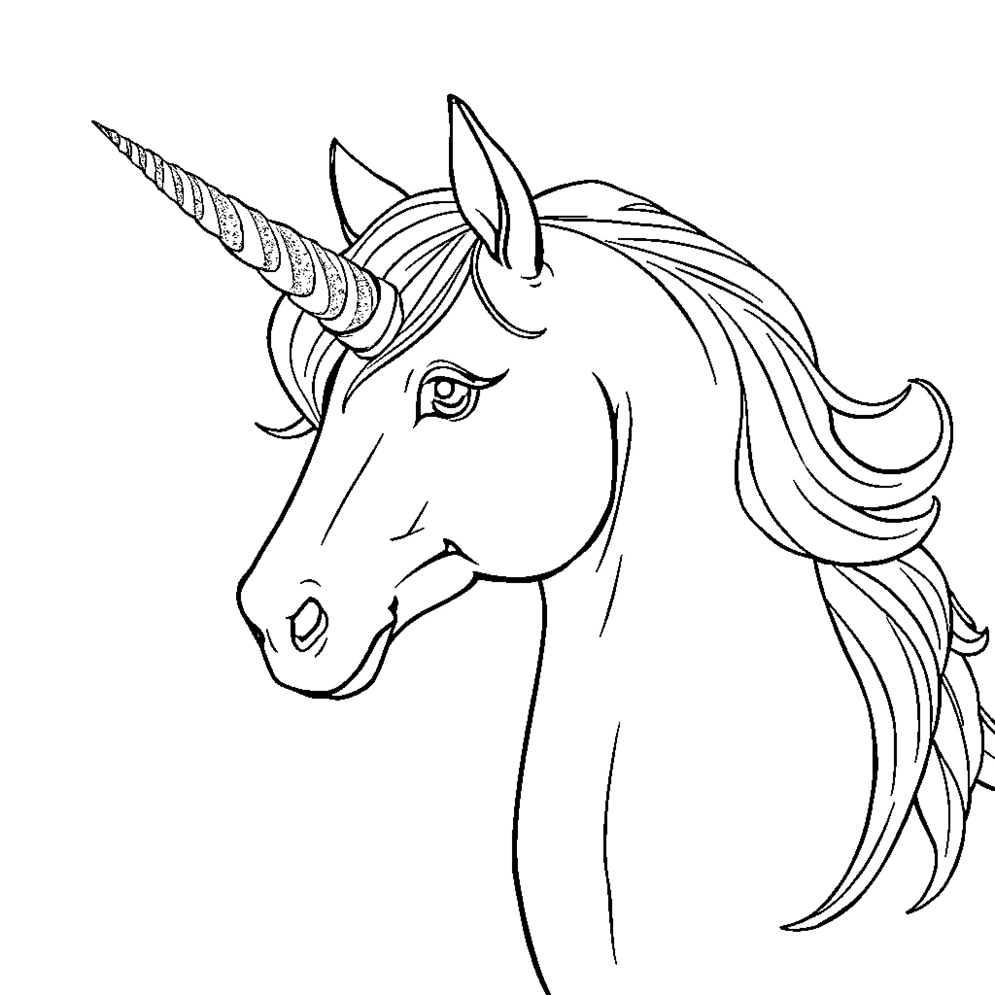 Unicorn with elegant horn and flowing mane Coloring Page (free black-and-white line drawing printable PDF for all, from beginners to advanced learners, including children, teens, adults, and seniors)