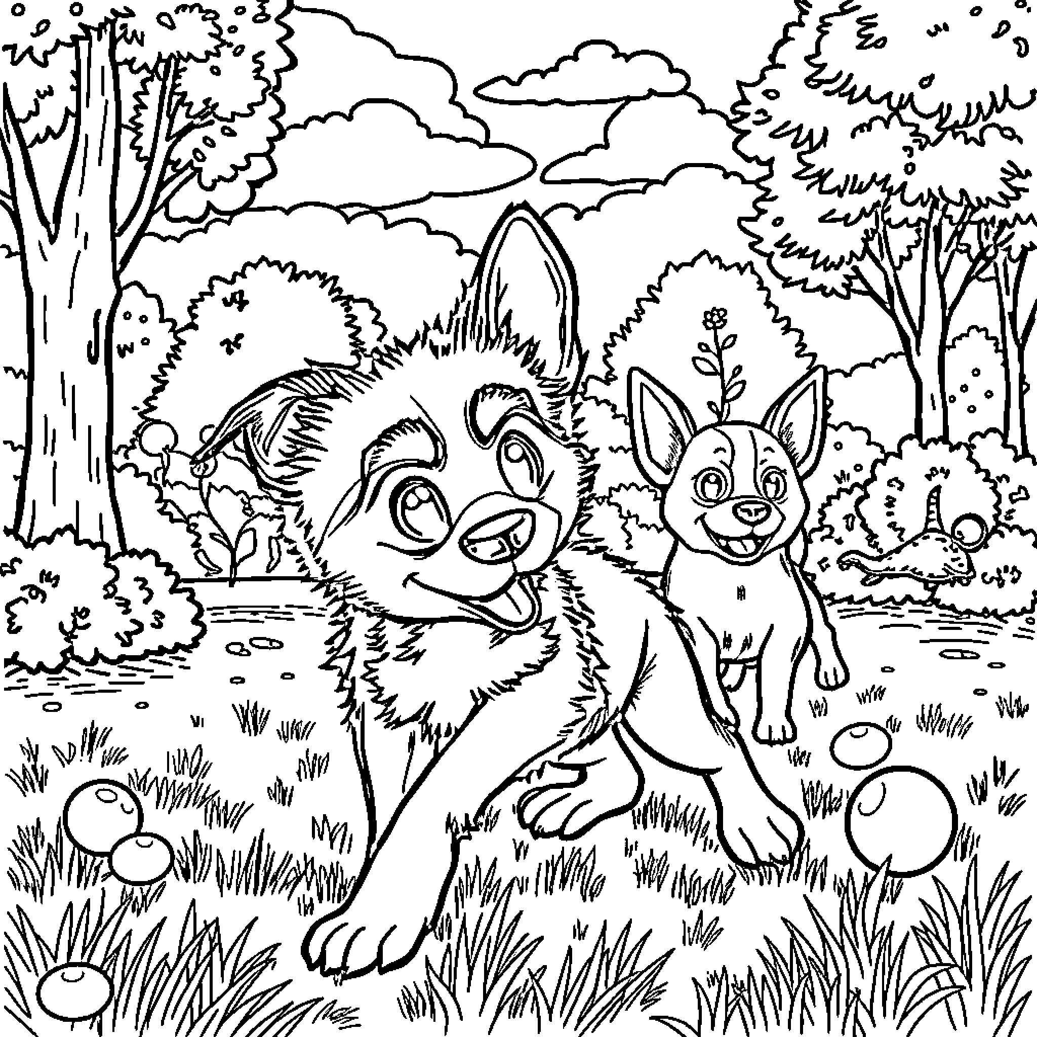 Bluey and Friends Exploring the Outdoor Landscape Coloring Page (free black-and-white line drawing printable PDF for all, from beginners to advanced learners, including children, teens, adults, and seniors)