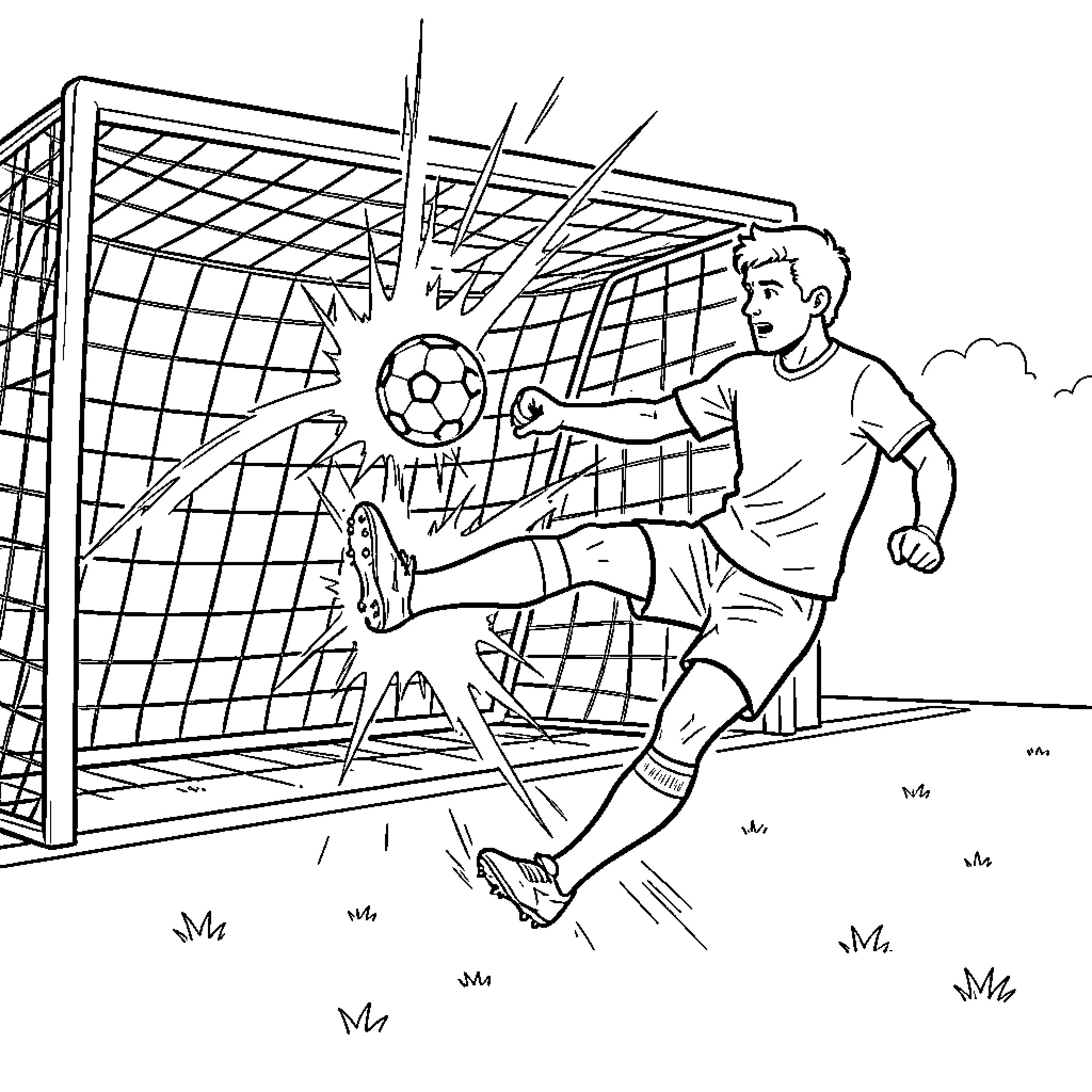 Soccer Player kicking the ball into the goal Coloring Page (free black-and-white line drawing printable PDF for all, from beginners to advanced learners, including children, teens, adults, and seniors)