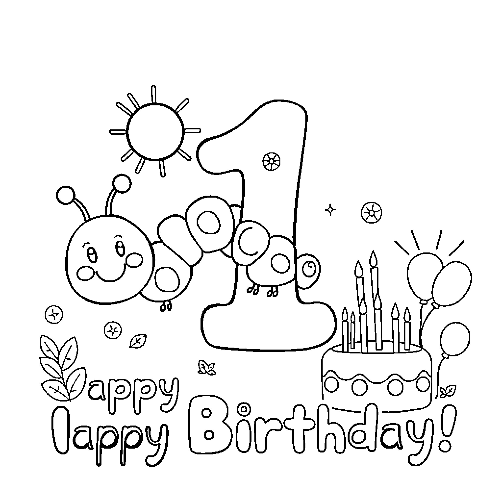Caterpillar celebrates 1st birthday with cake and balloons Coloring Page (free black-and-white line drawing printable PDF for all, from beginners to advanced learners, including children, teens, adults, and seniors)
