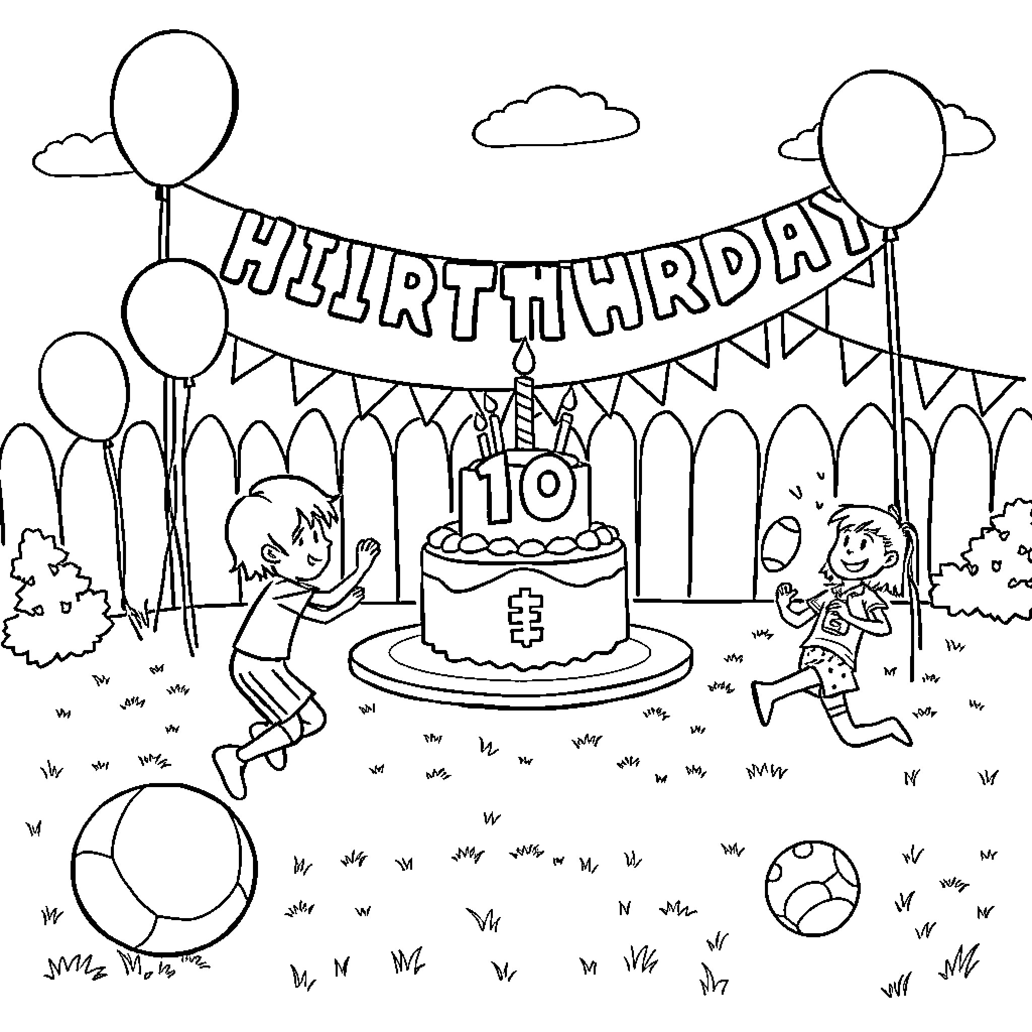 Football themed birthday party with balloons and cake Coloring Page (free black-and-white line drawing printable PDF for all, from beginners to advanced learners, including children, teens, adults, and seniors)