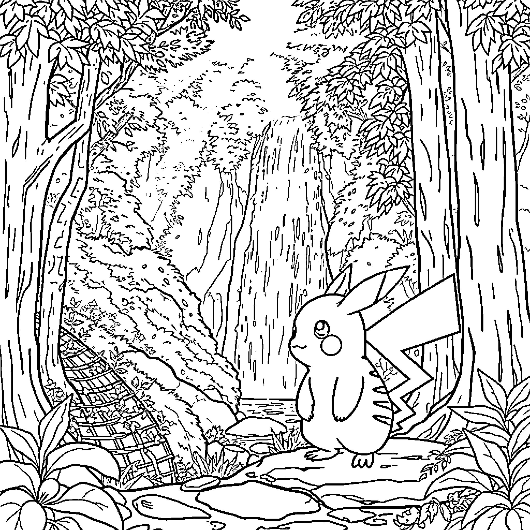 Pikachu exploring the enchanted forest Coloring Page (free black-and-white line drawing printable PDF for all, from beginners to advanced learners, including children, teens, adults, and seniors)