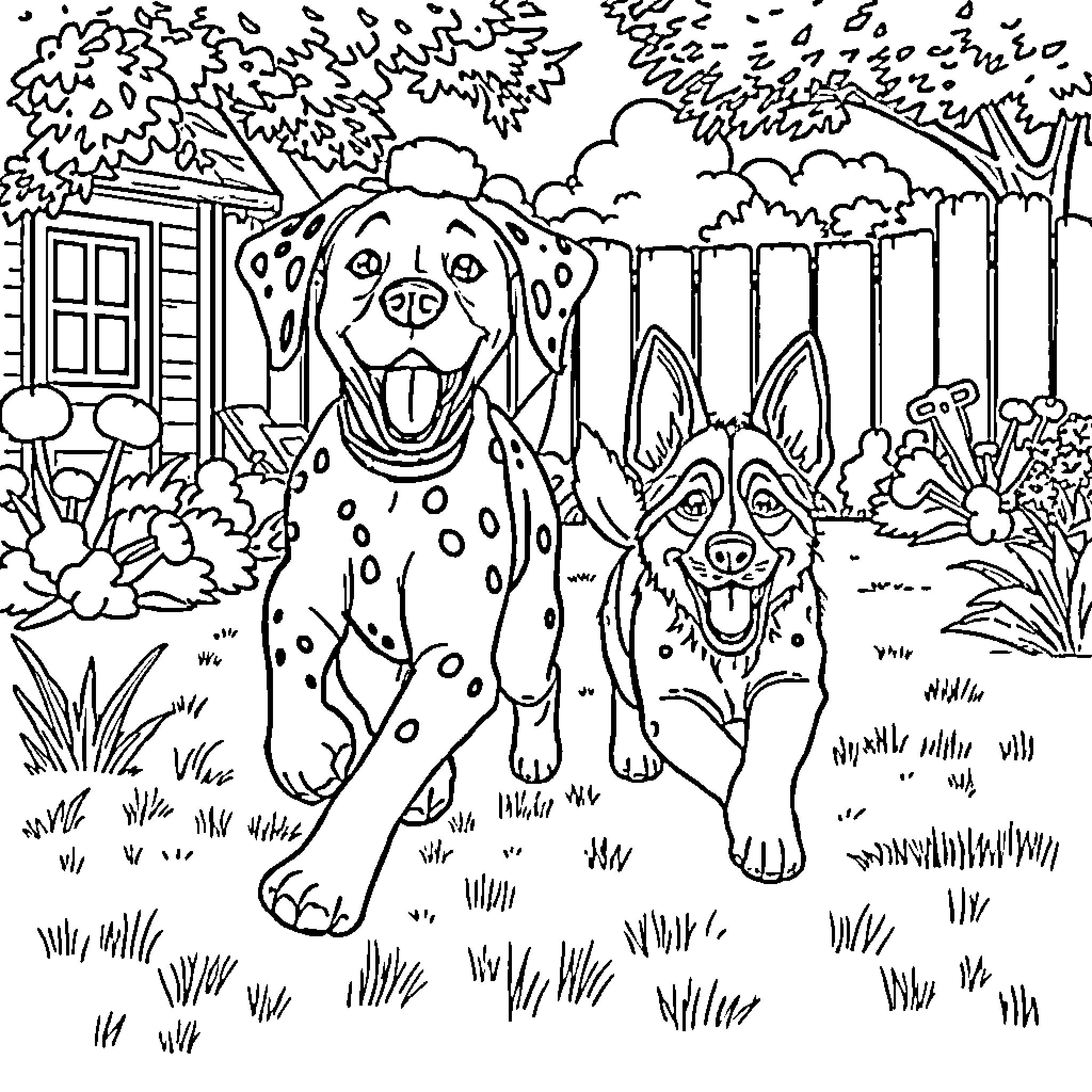 Dog and Puppy Playing in Backyard Coloring Page (free black-and-white line drawing printable PDF for all, from beginners to advanced learners, including children, teens, adults, and seniors)