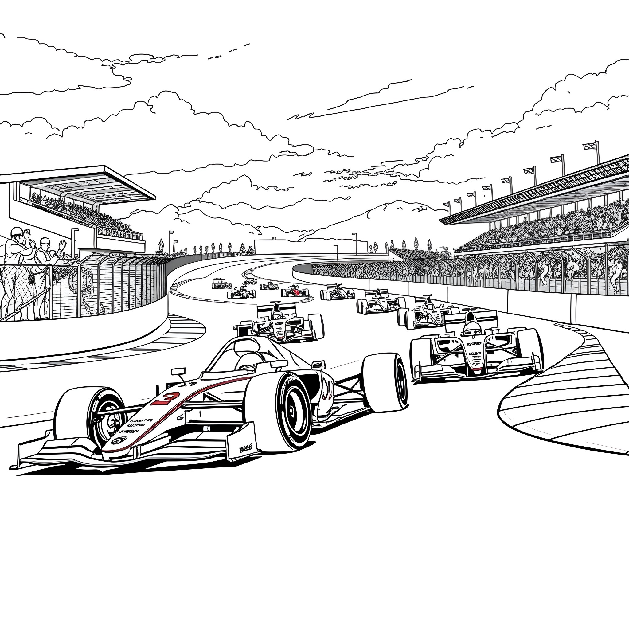 Race Car Drivers Compete in High-Speed Grand Prix Coloring Page (free black-and-white line drawing printable PDF for all, from beginners to advanced learners, including children, teens, adults, and seniors)