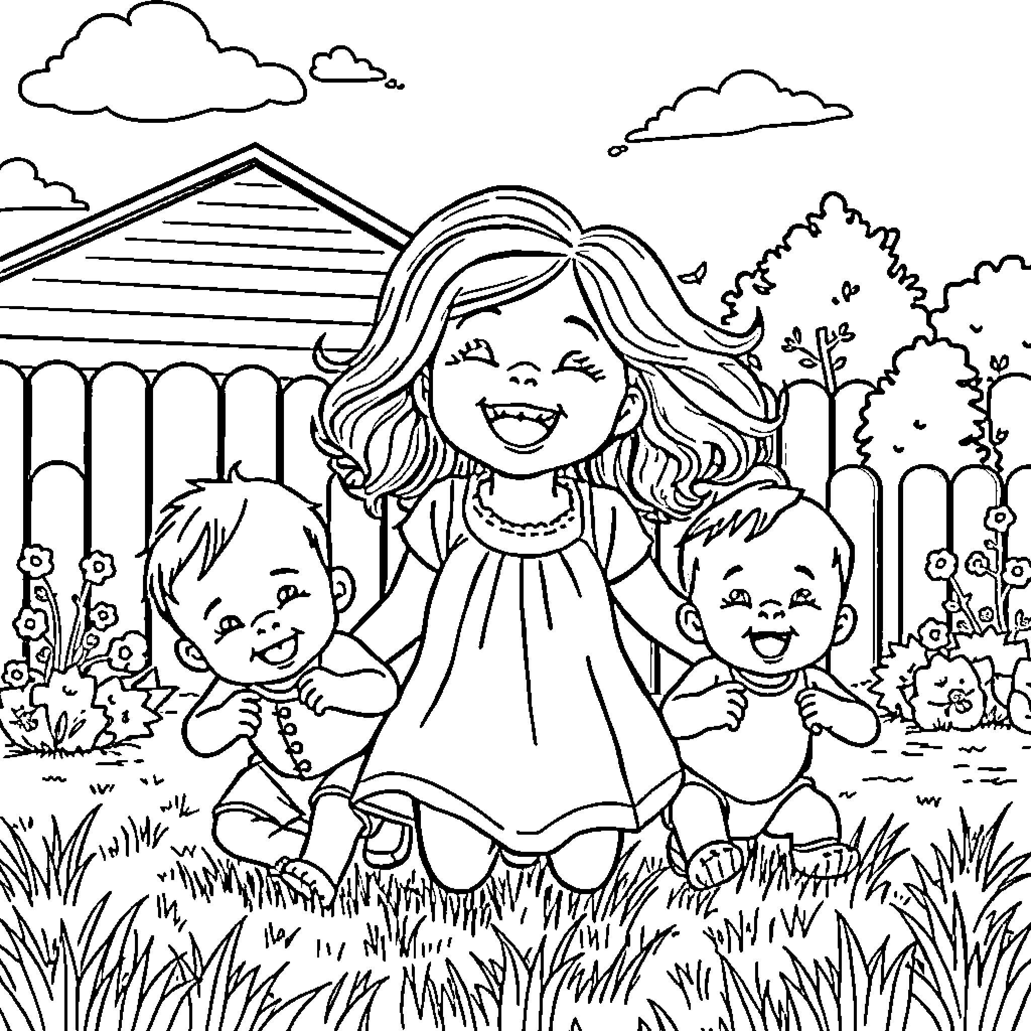 Girl playing happily with friends in the park Coloring Page (free black-and-white line drawing printable PDF for all, from beginners to advanced learners, including children, teens, adults, and seniors)