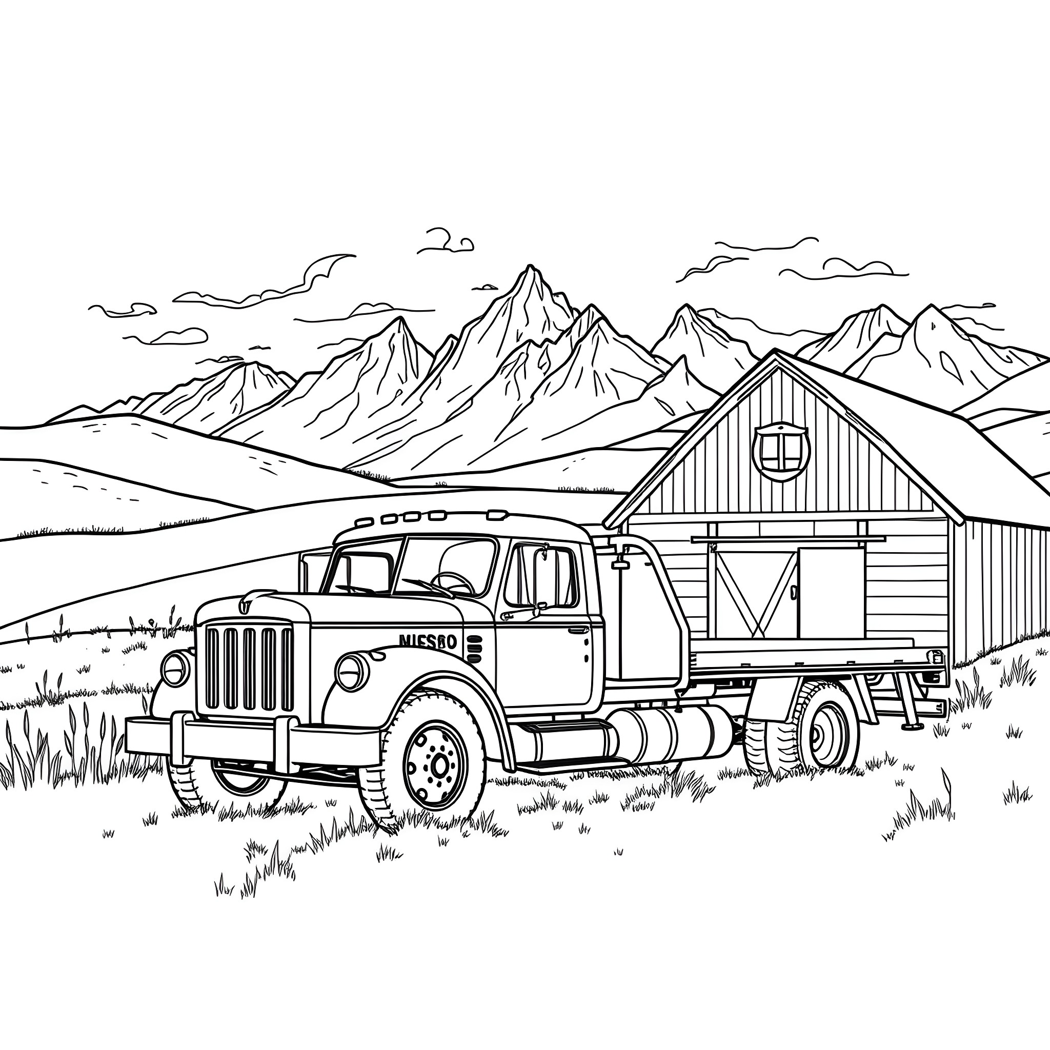 Truck transporting supplies in the rural mountains Coloring Page (free black-and-white line drawing printable PDF for all, from beginners to advanced learners, including children, teens, adults, and seniors)