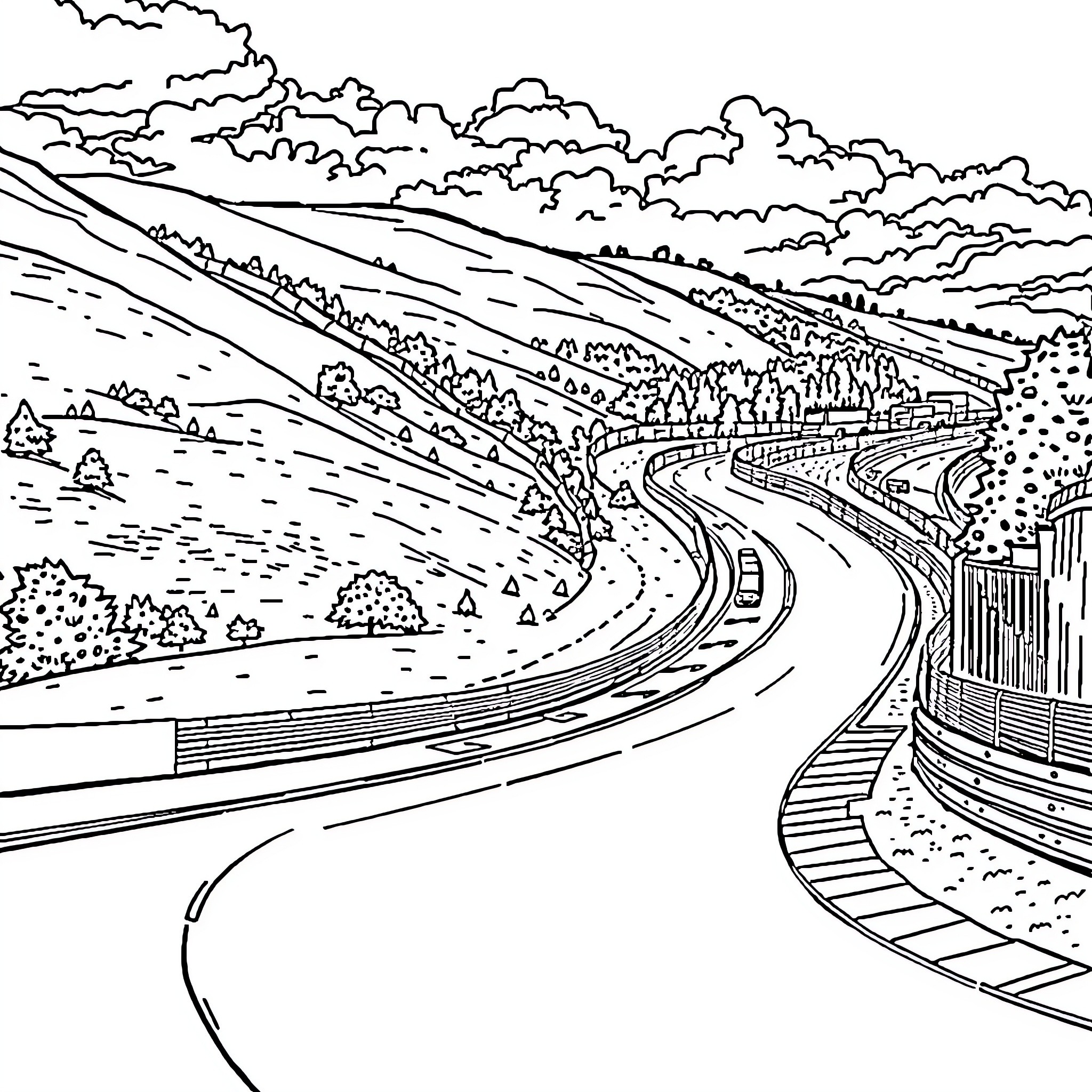 Nordschleife Winding Road with Dramatic Landscape Coloring Page (free black-and-white line drawing printable PDF for all, from beginners to advanced learners, including children, teens, adults, and seniors)